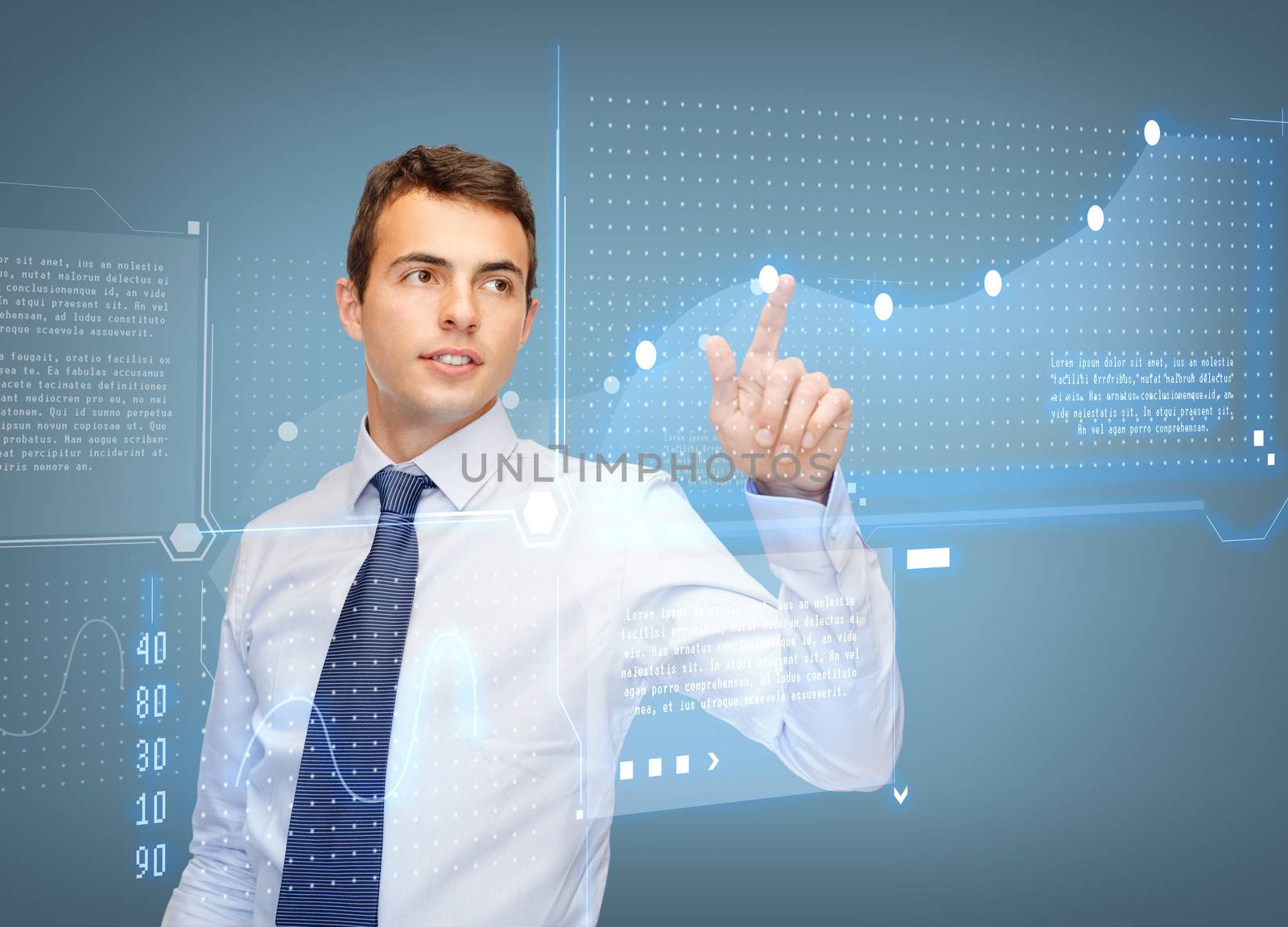 business, new technology and communication concept - businessman working with virtual screen and graphs on it