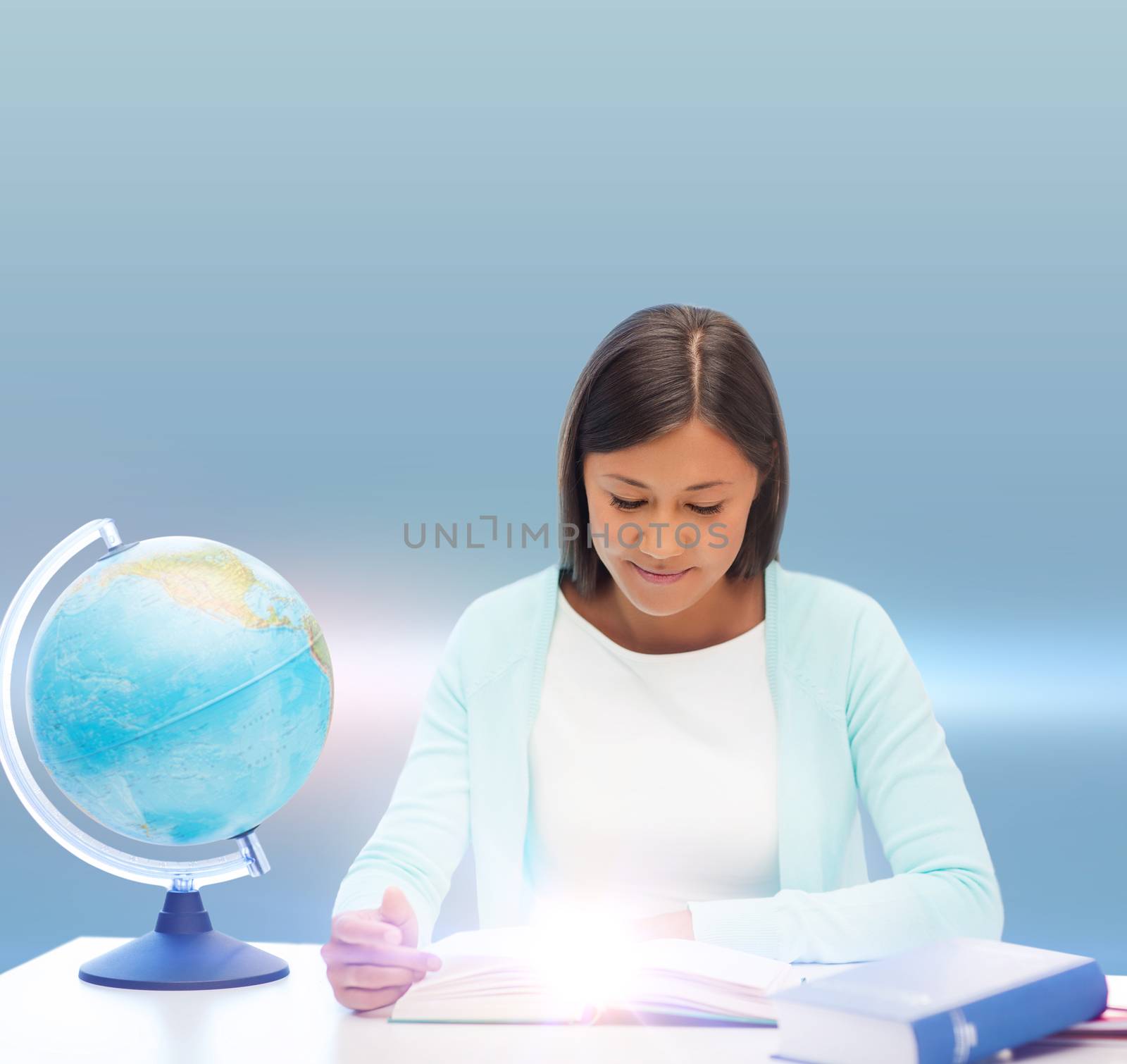 education and school, travel concept - female teacher with globe and book