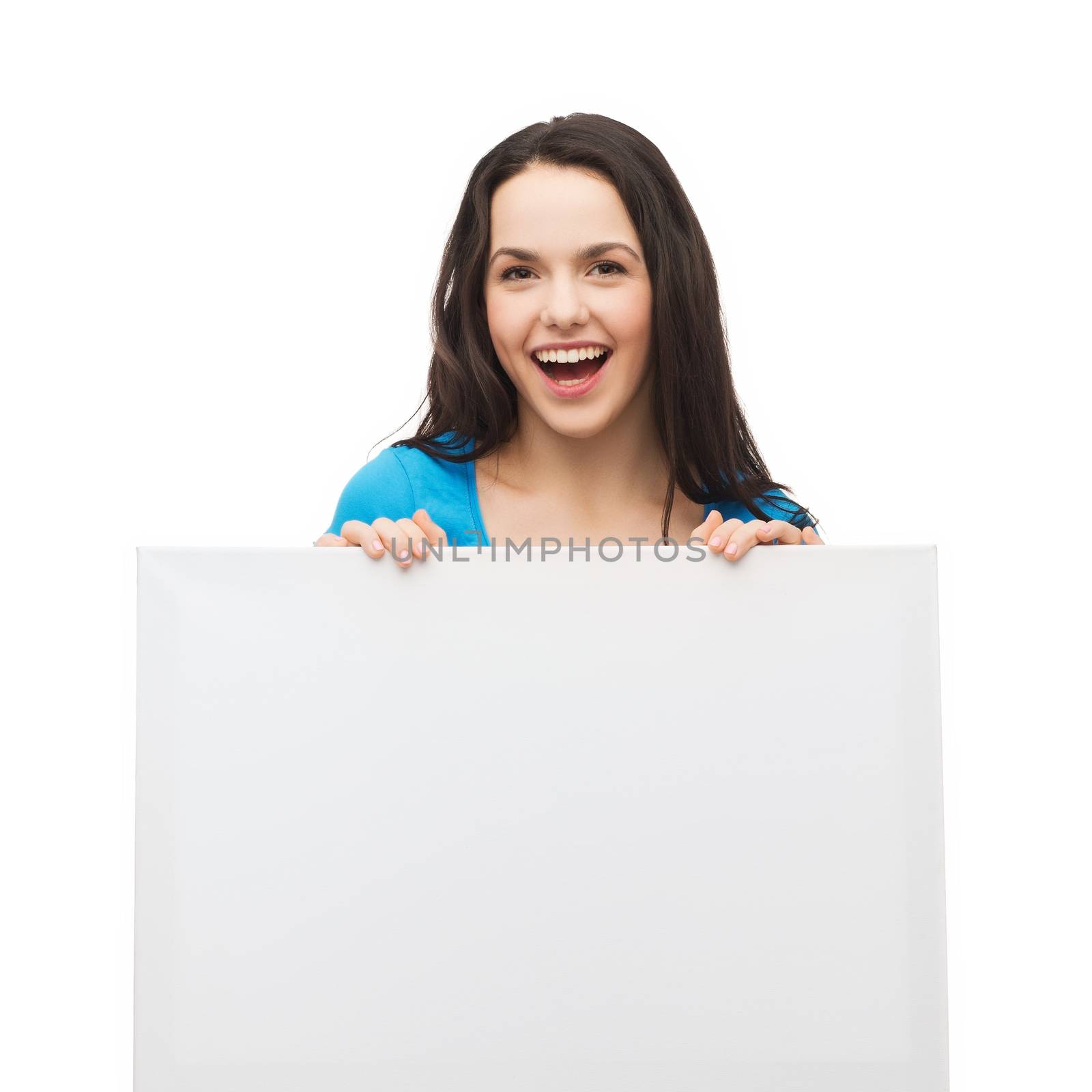 smiling young girl with blank white board by dolgachov