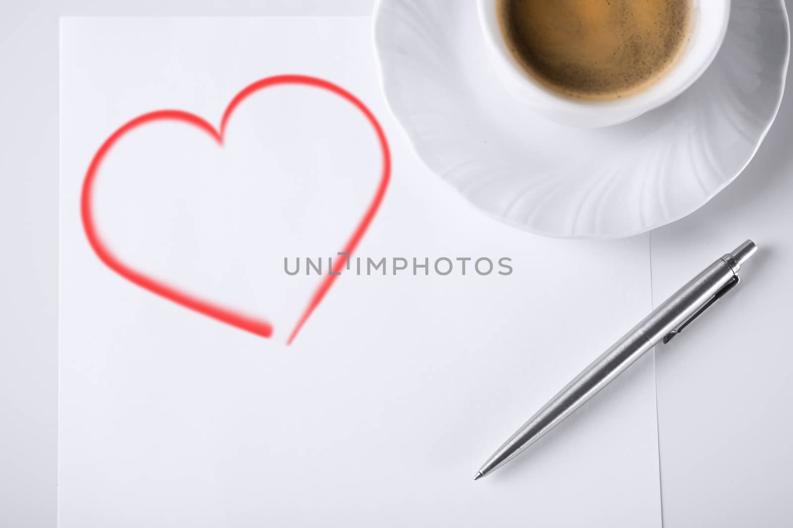 business and love concept - blank paper for note, pen and coffee
