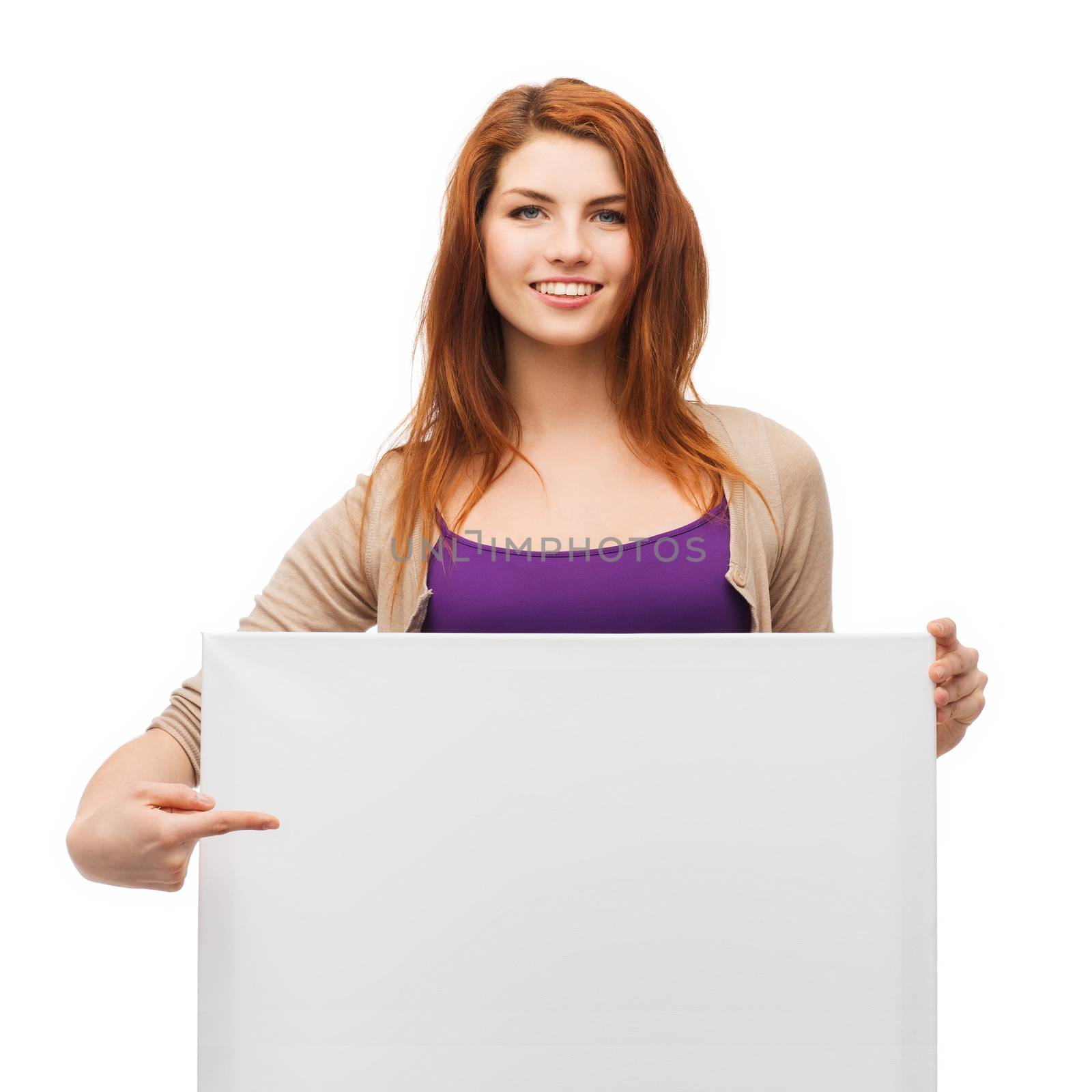 advertisement, sale and people concept - smiling young girl with blank white board