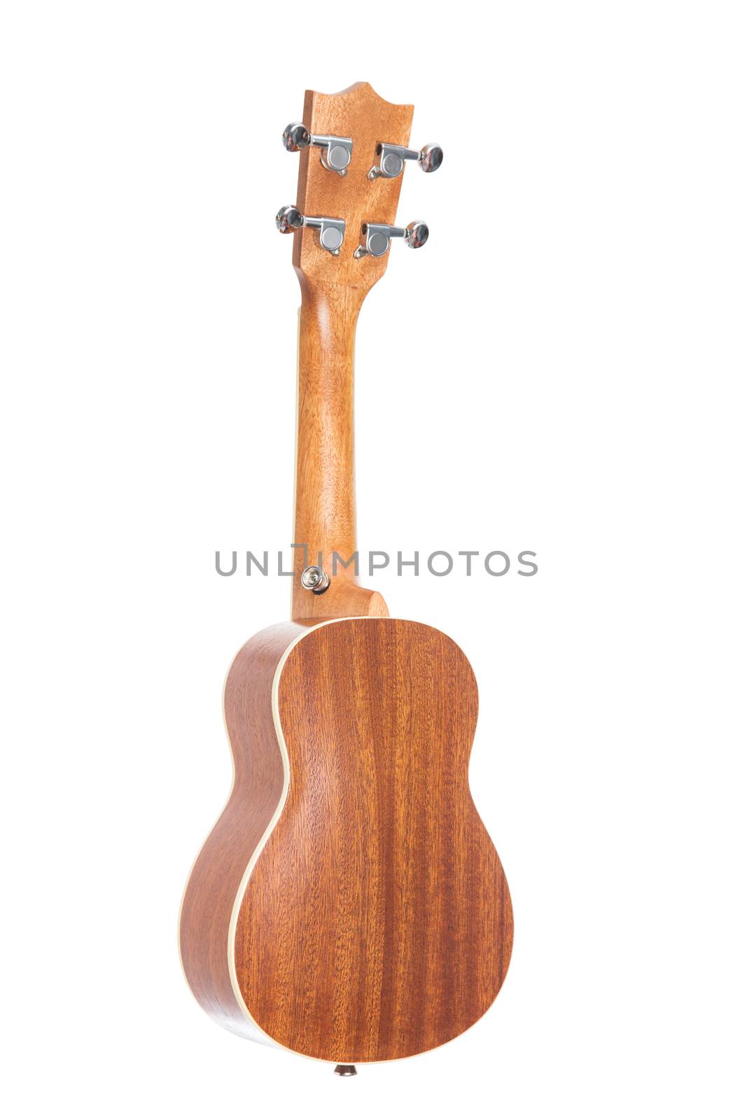 Back view of ukulele Hawaiian guitar, isolated on white background 