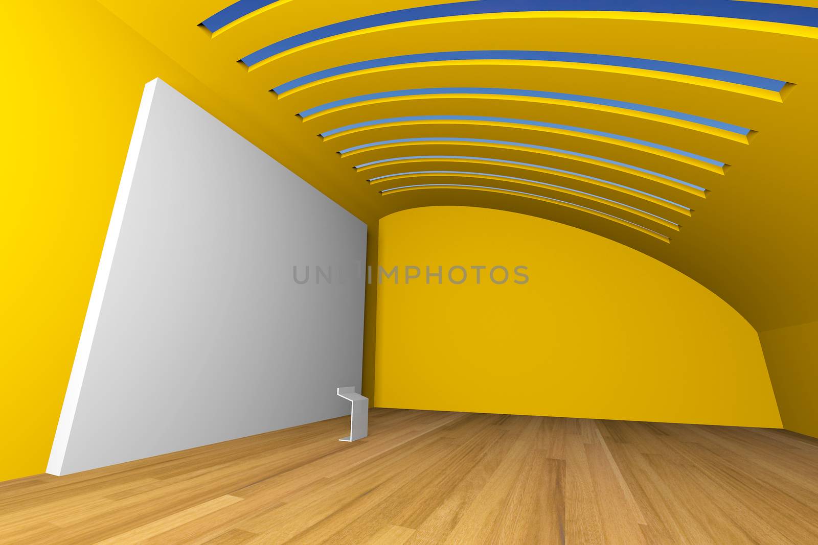 Empty room interior with big white canvas on a yellow wall in the gallery 