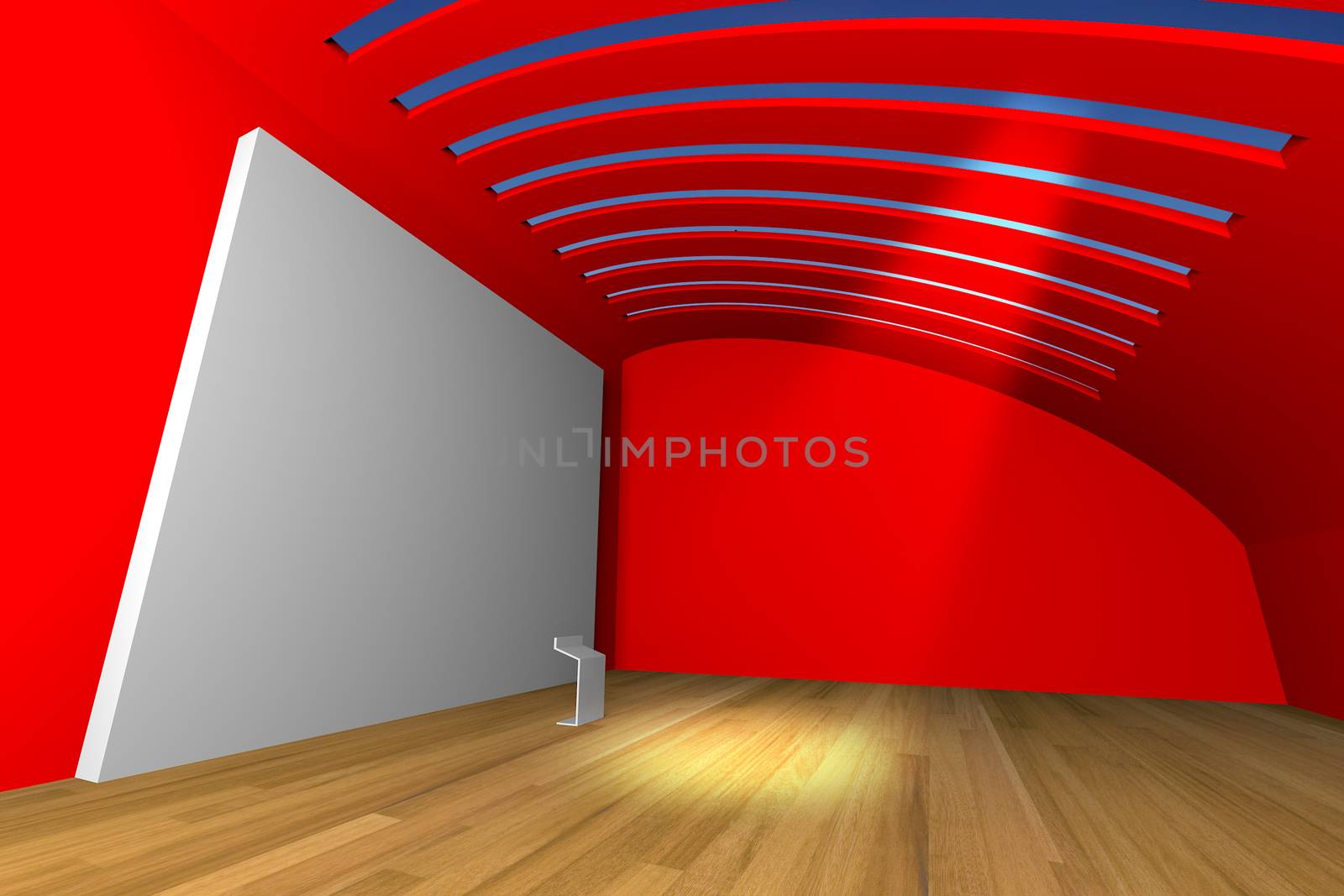 Empty room interior with big white canvas on a red wall in the gallery 