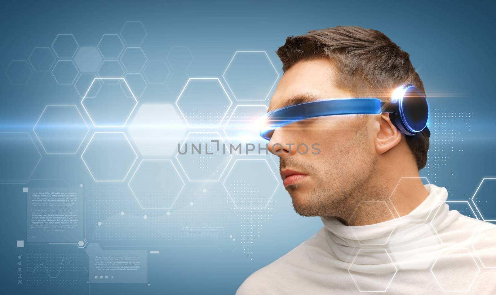 future technology concept - handsome man with futuristic glasses