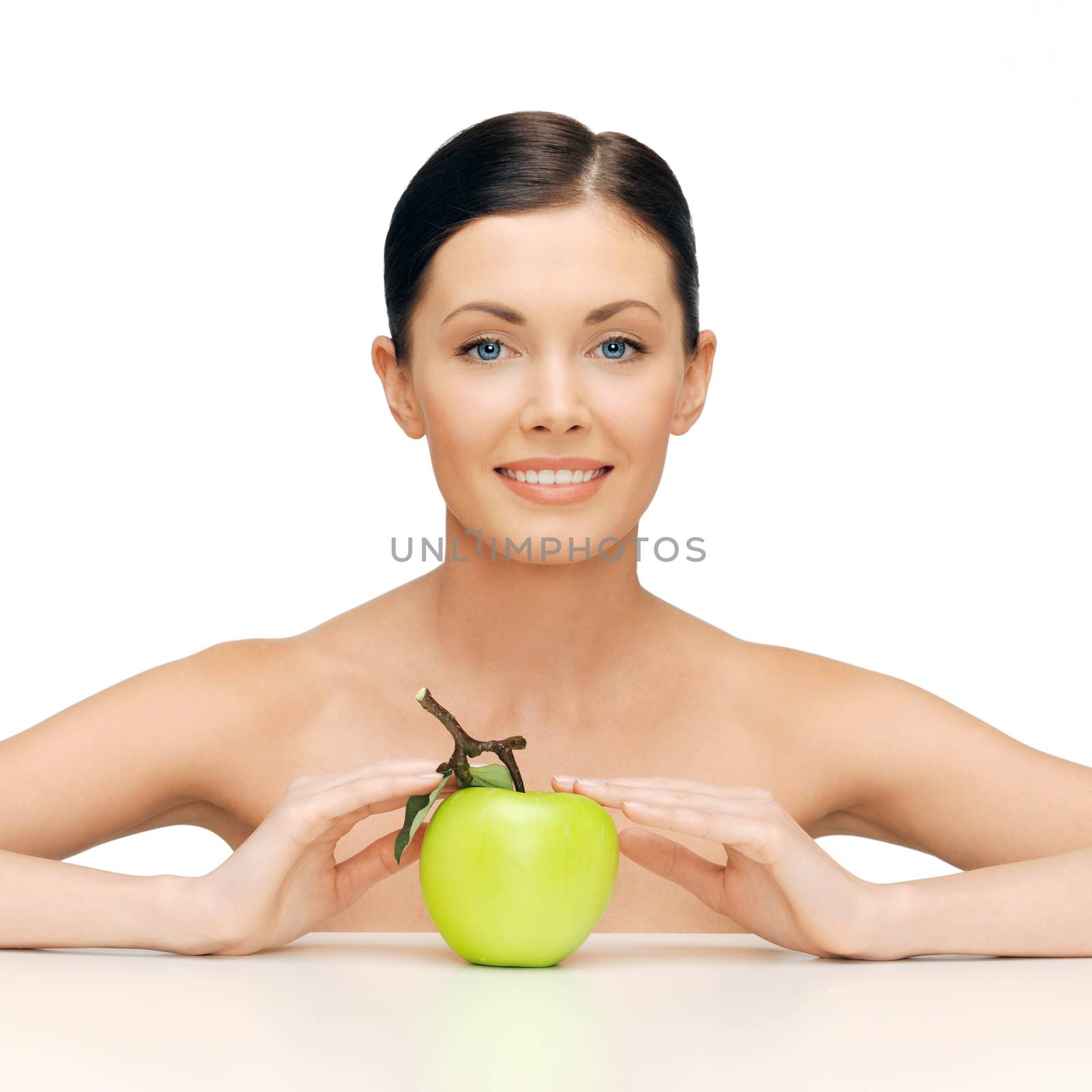 beauty and healthy eating concept - beautiful woman with green apple