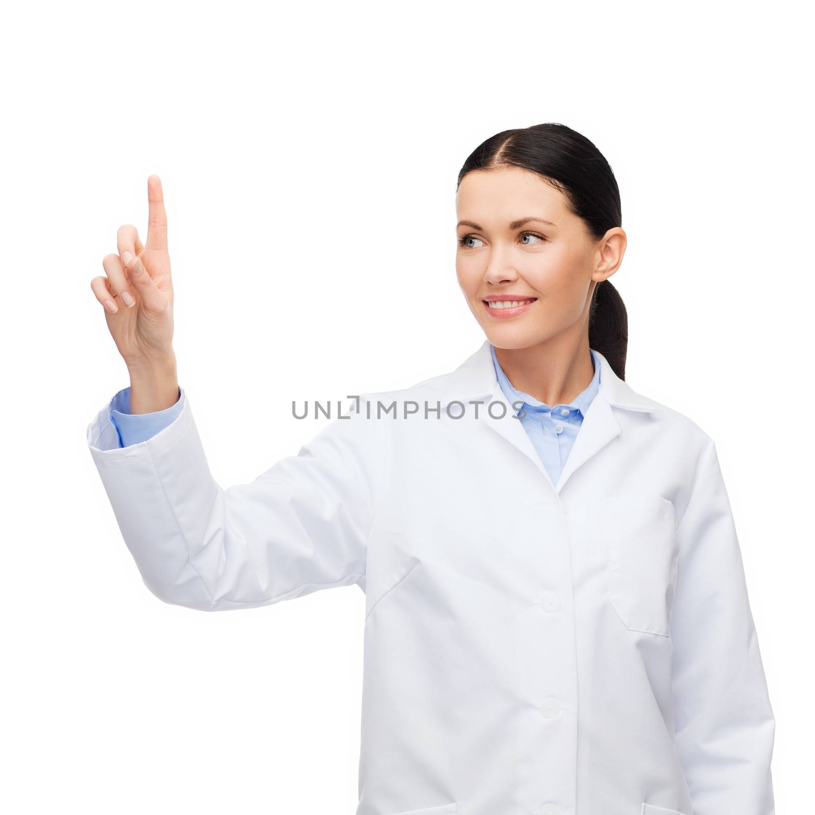 healthcare, medicine and technology concept - smiling female doctor without stethoscope pointing to something or pressing imaginary button