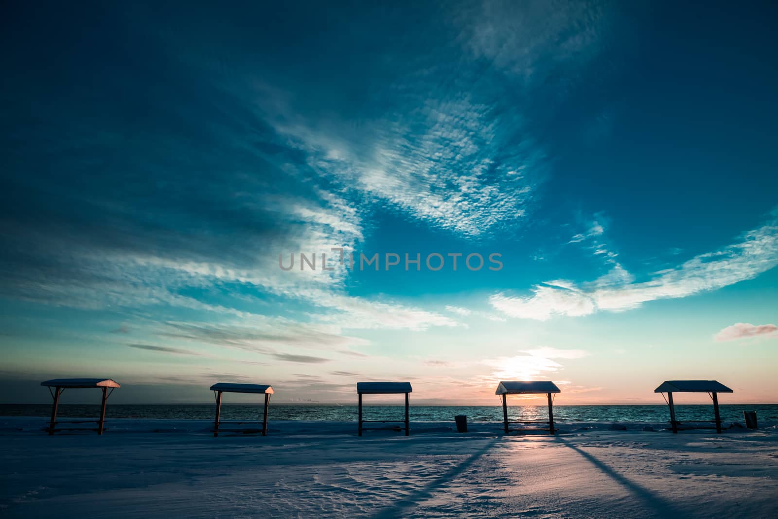 Picnic Table at the Sea During the Winter with No People