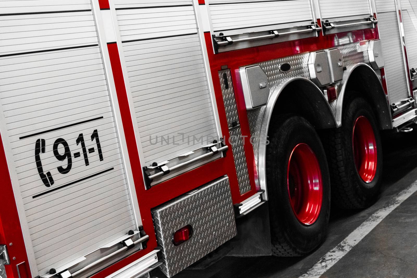 Red Firetruck Details of the Right Side by aetb