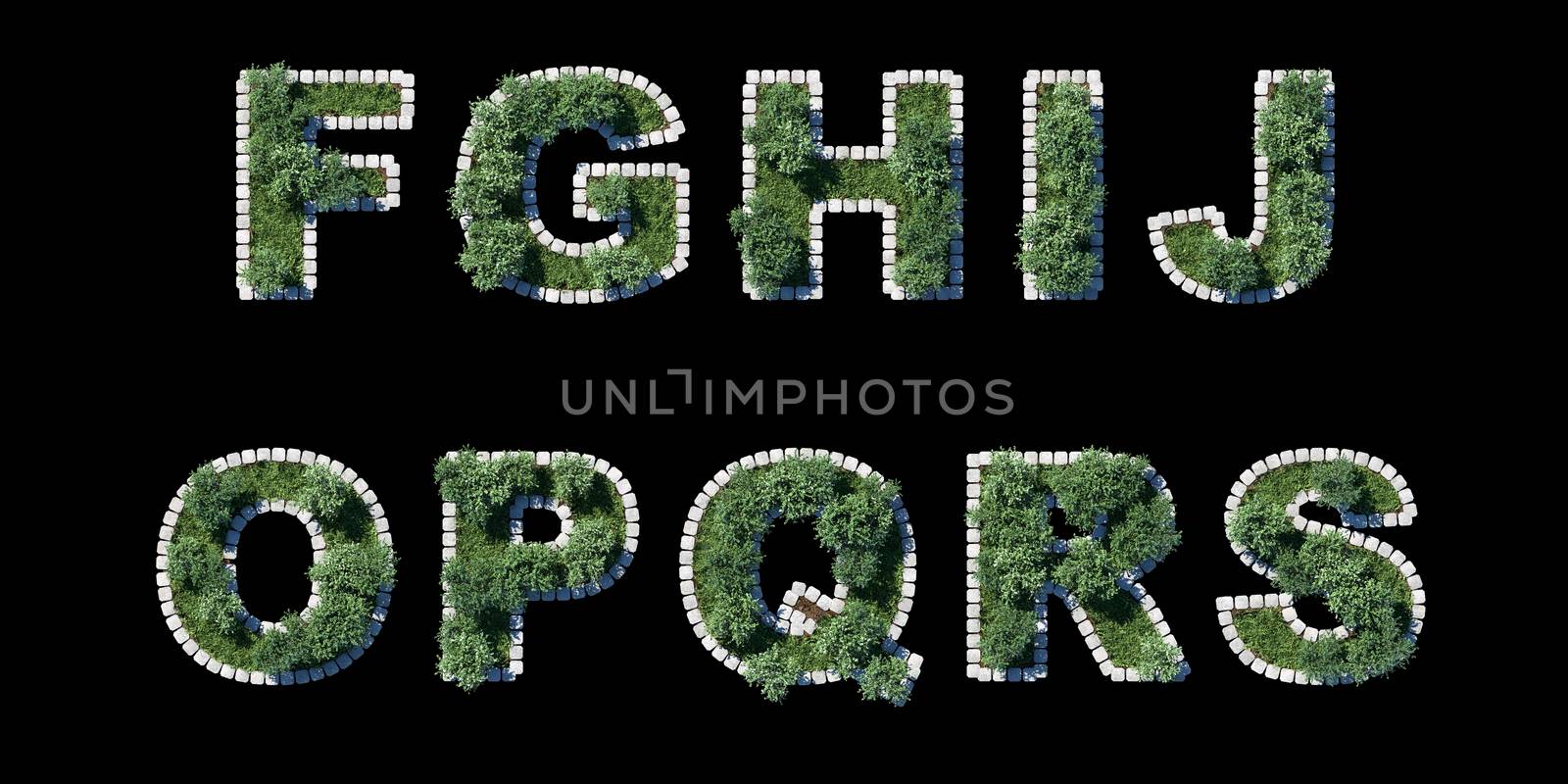 trees and grass font with grey cubing border on black by Arsgera
