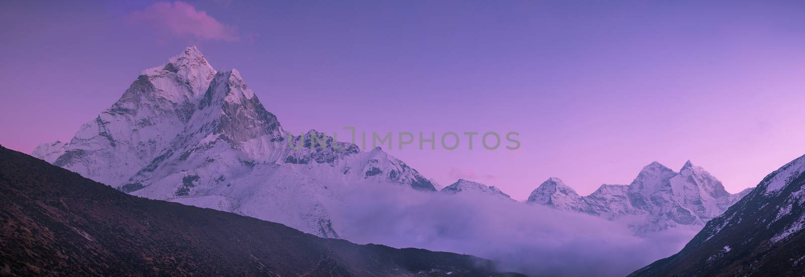 Ama Dablam peak and purple sunset in Himalayas. Huge resolution