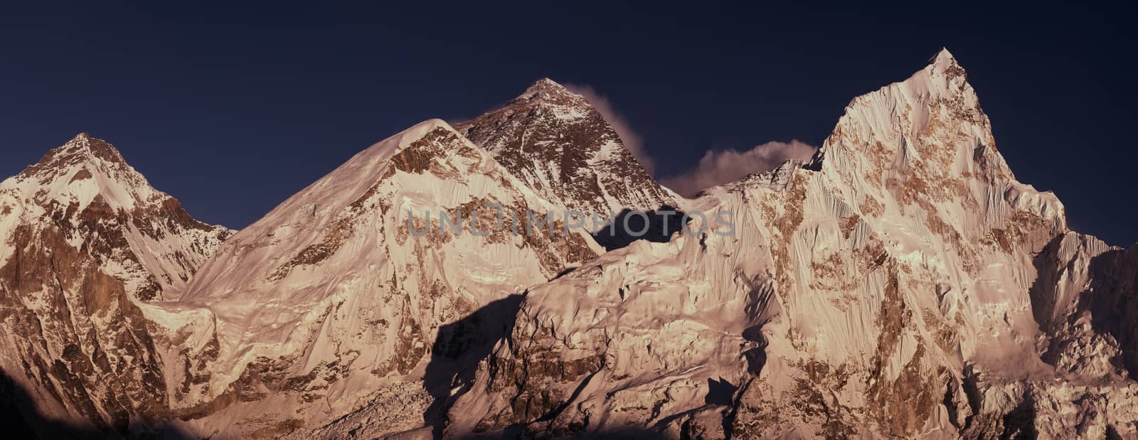 Everest Summit panoramic view with Lhotse and Nuptse peaks by Arsgera