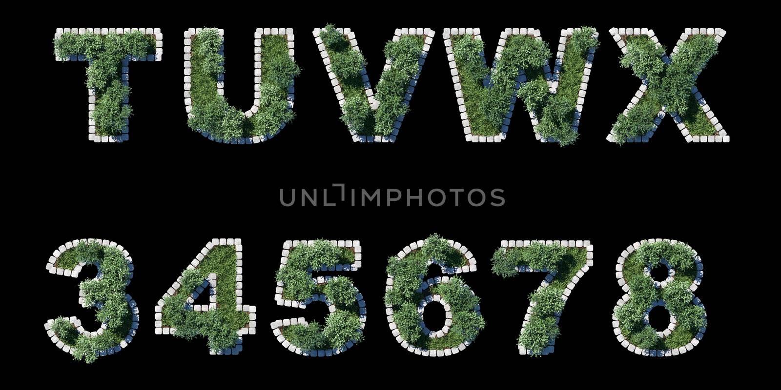 green garden set with grey cubing border on black. letters and numerals