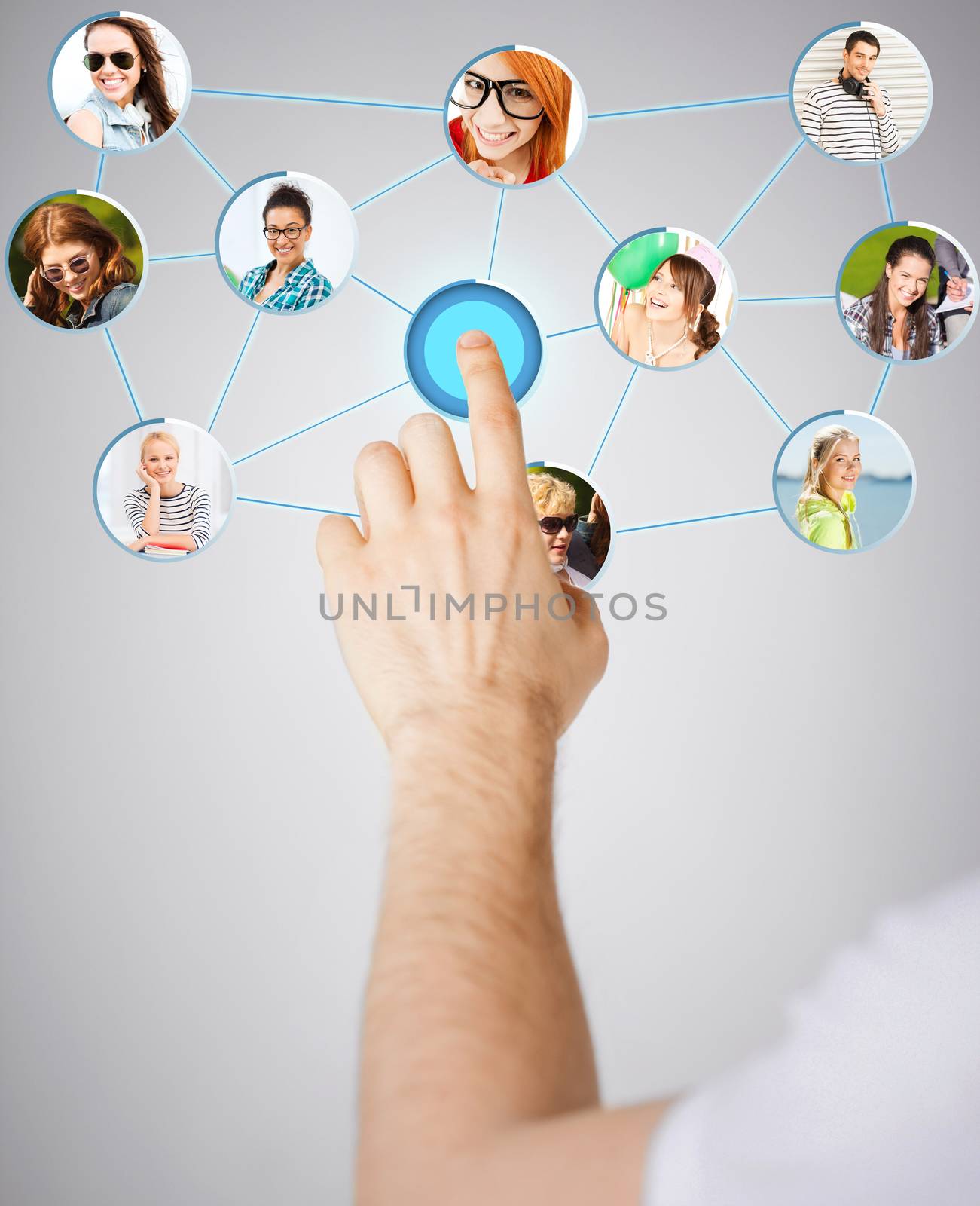 communication and networking concept - closeup of man hand pointing at social network