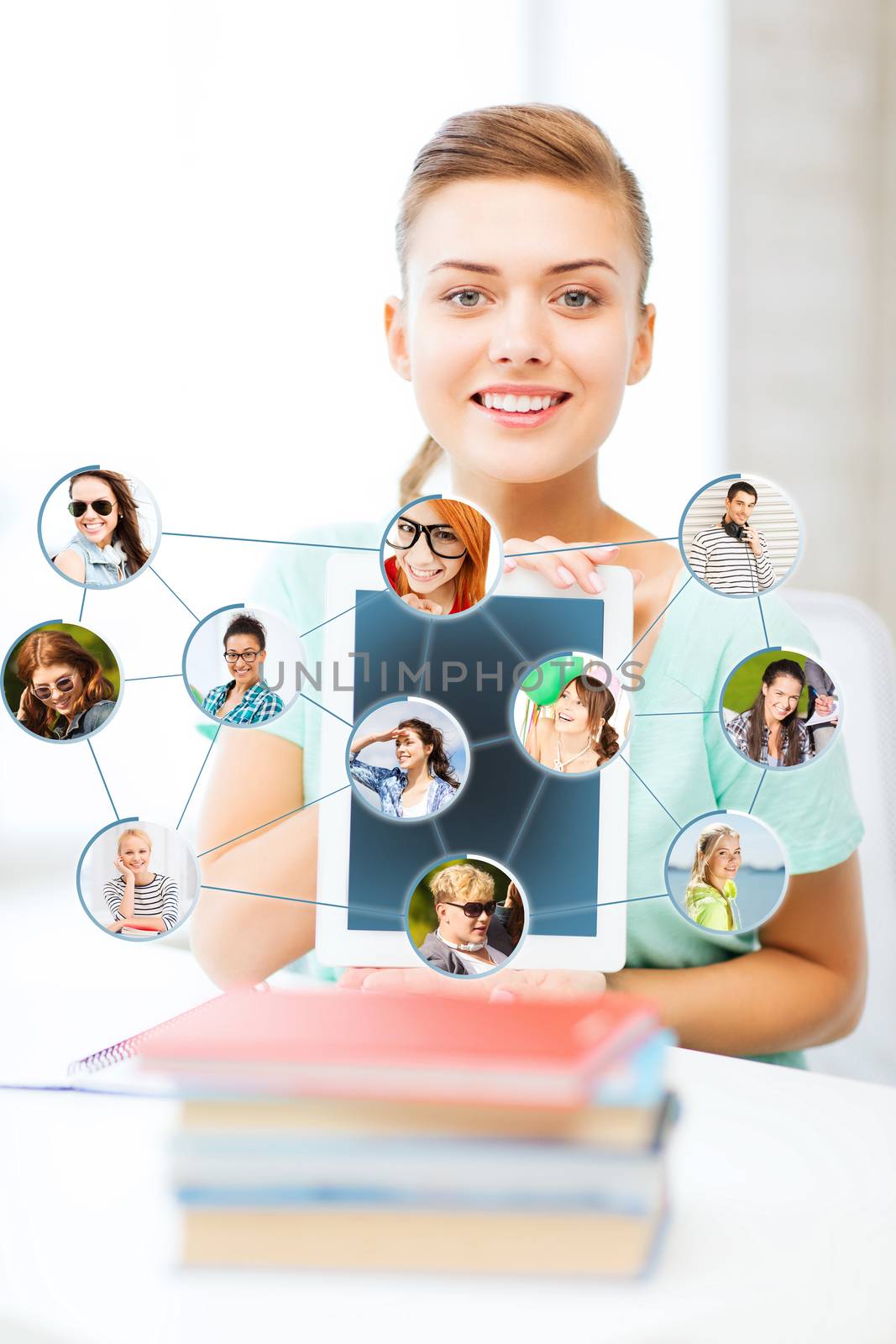 education, social networking, technology and internet concept - smiling student girl with tablet pc