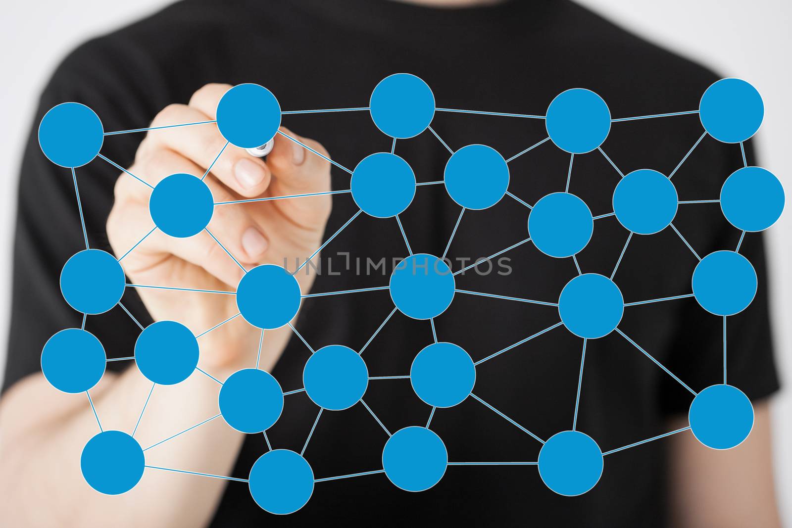 communication and networking concept - closeup of man drawing social or business network on virtual scneen