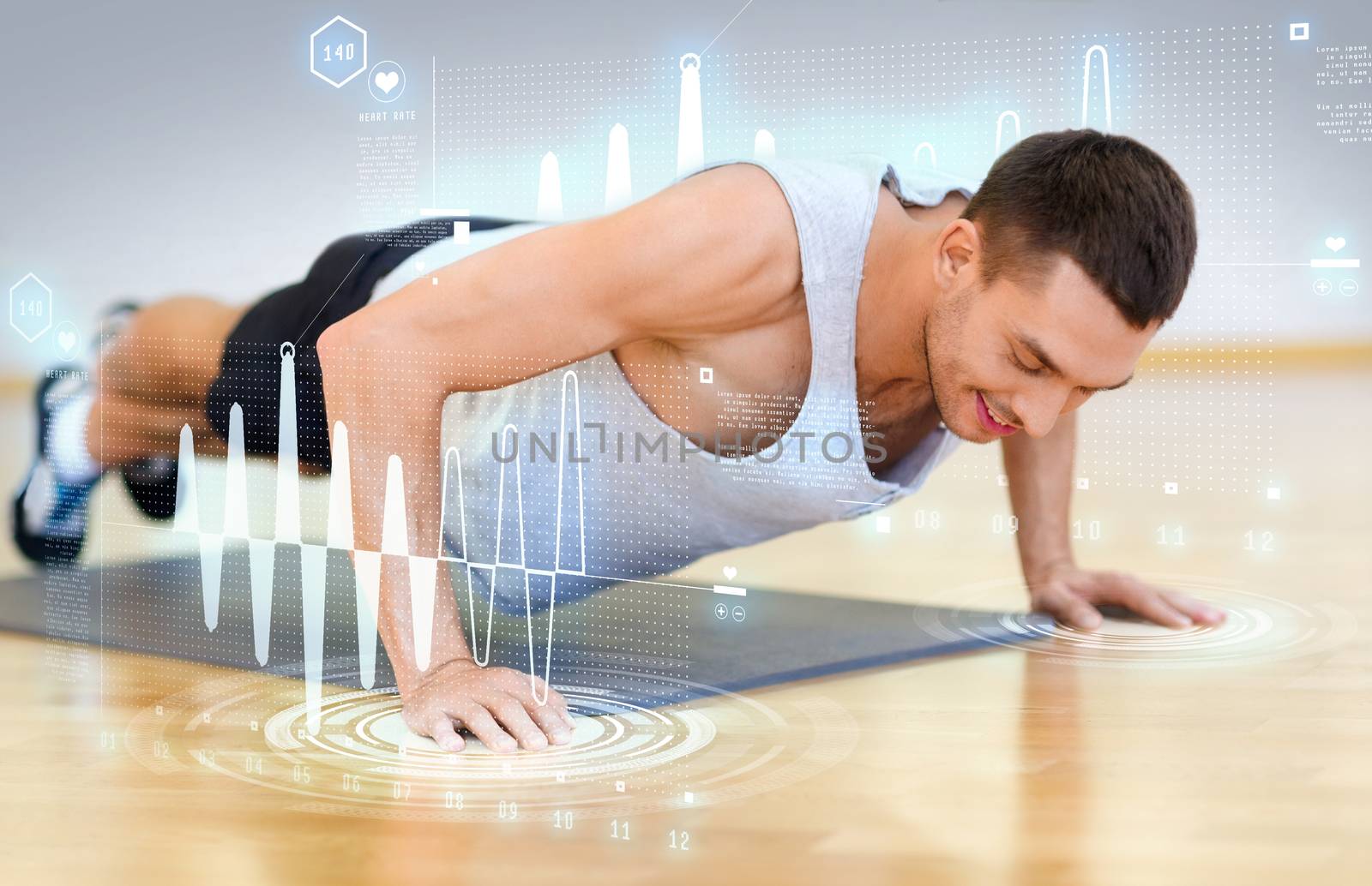 smiling man doing push-ups in the gym by dolgachov