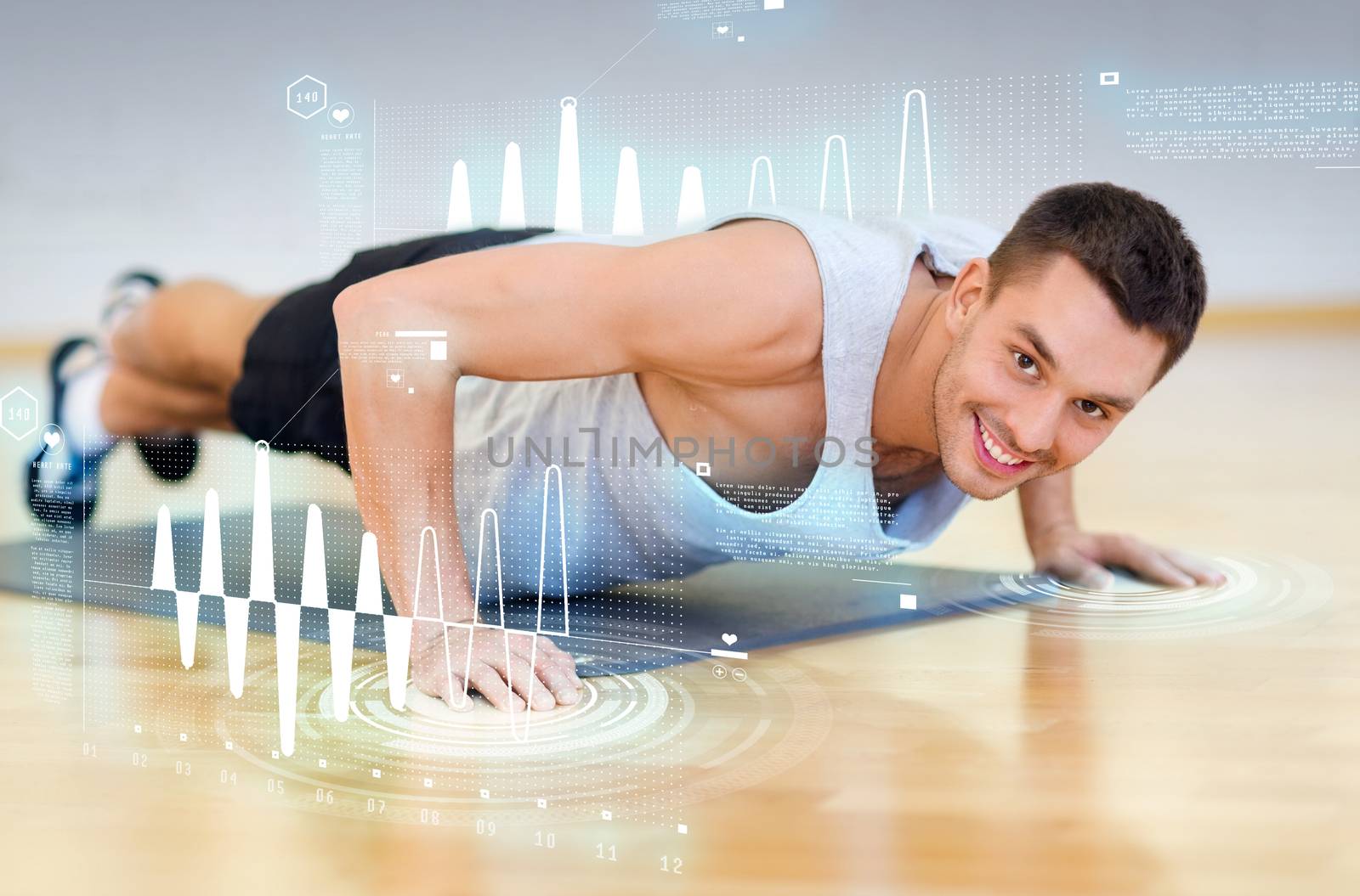 fitness, sport, training, gym and lifestyle concept - smiling man doing push-ups in the gym