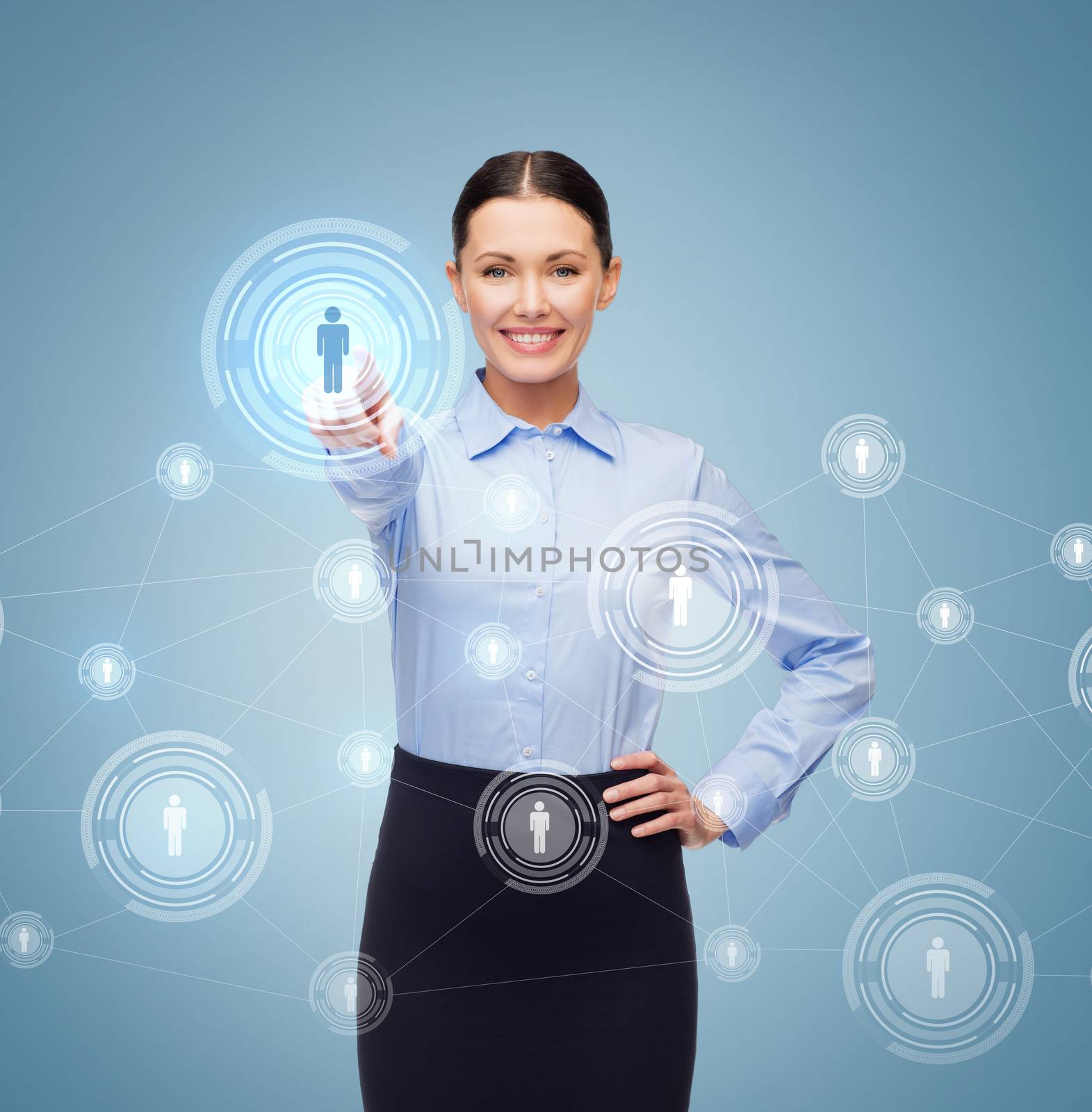 business and education concept - friendly young smiling businesswoman pointing finger at you