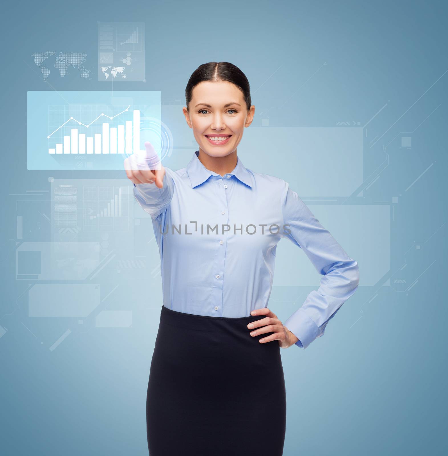 business and education concept - friendly young smiling businesswoman pointing to button