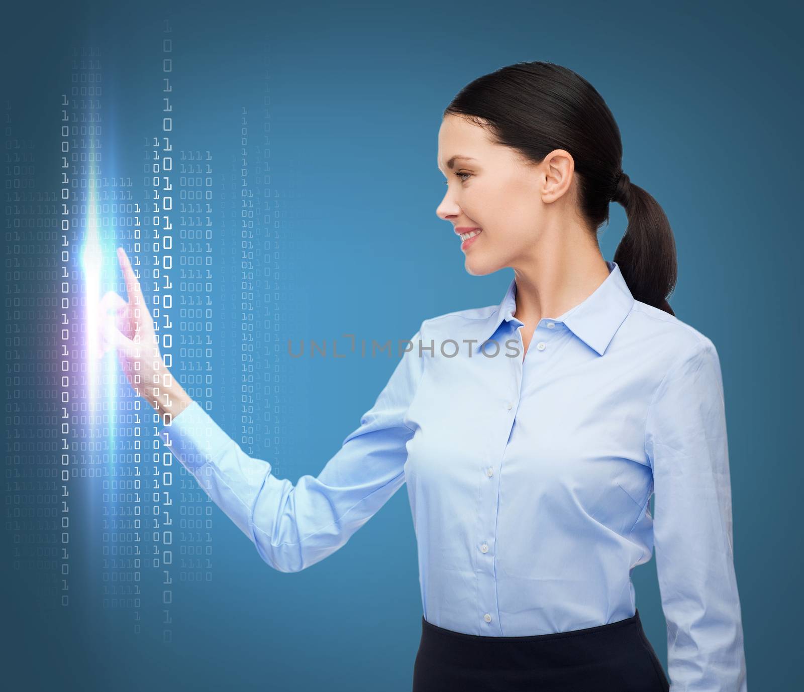 business, new technology and communication concept - businesswoman working with imaginary virtual screen