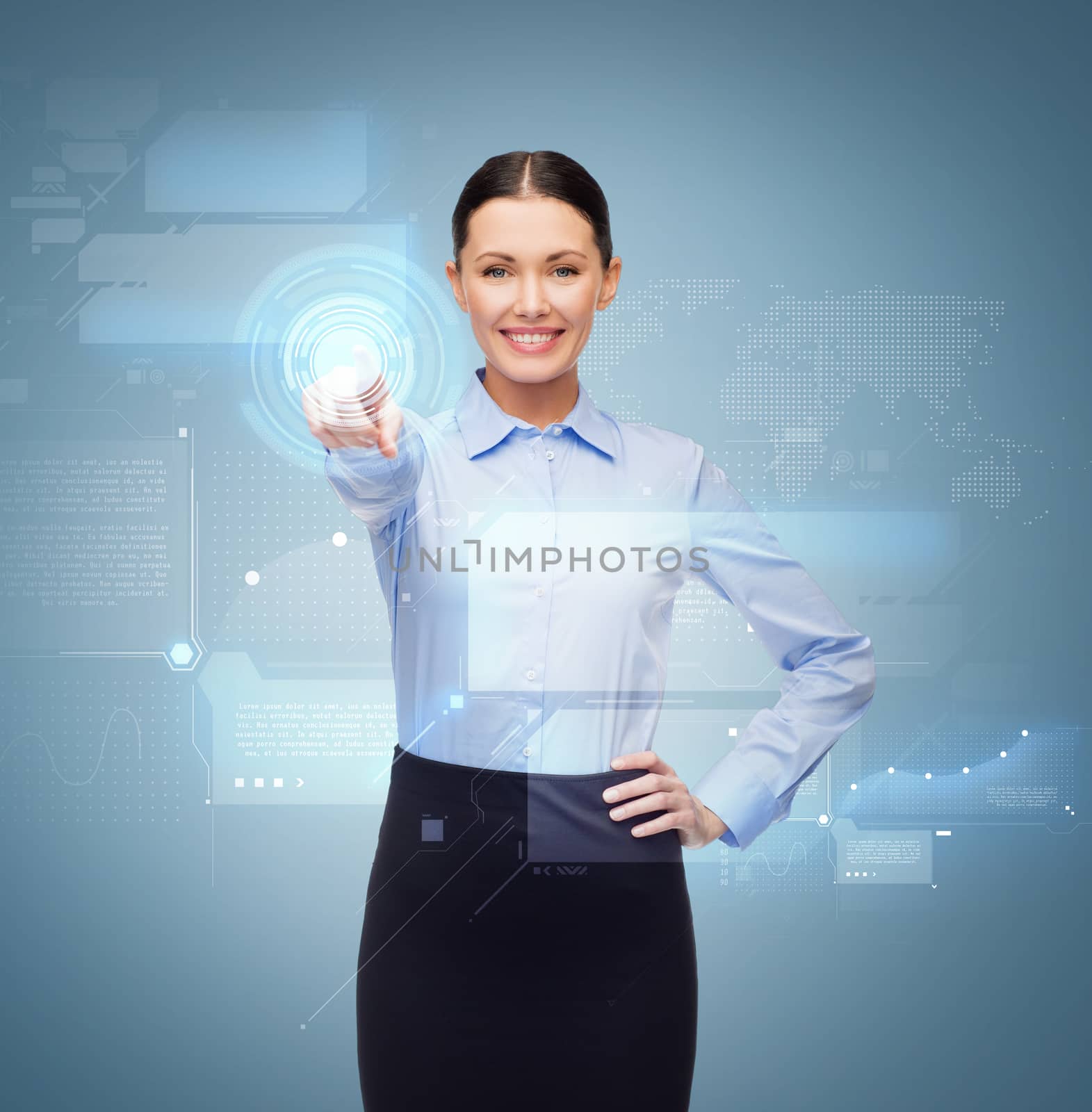 smiling businesswoman pointing finger to button by dolgachov
