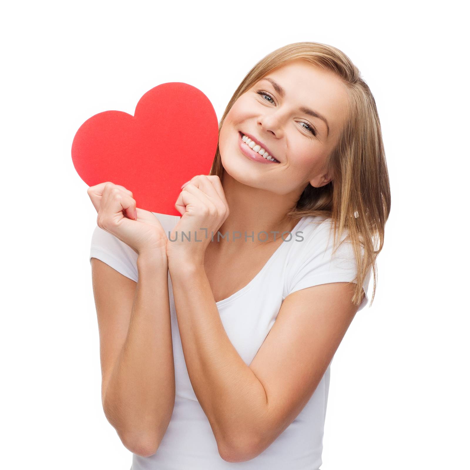 smiling woman in white t-shirt with heart by dolgachov