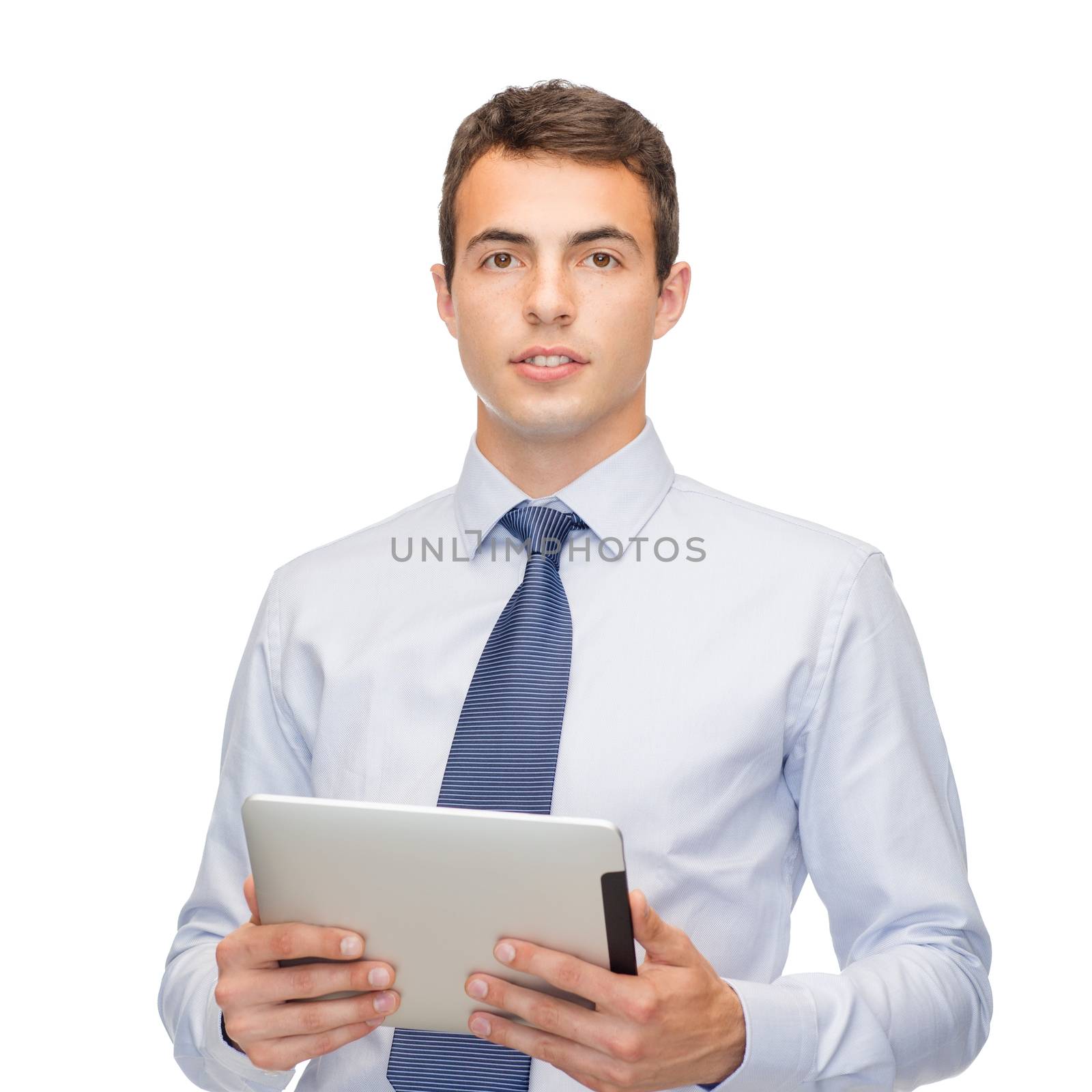 business, communication, modern technology and office concept - buisnessman with tablet pc