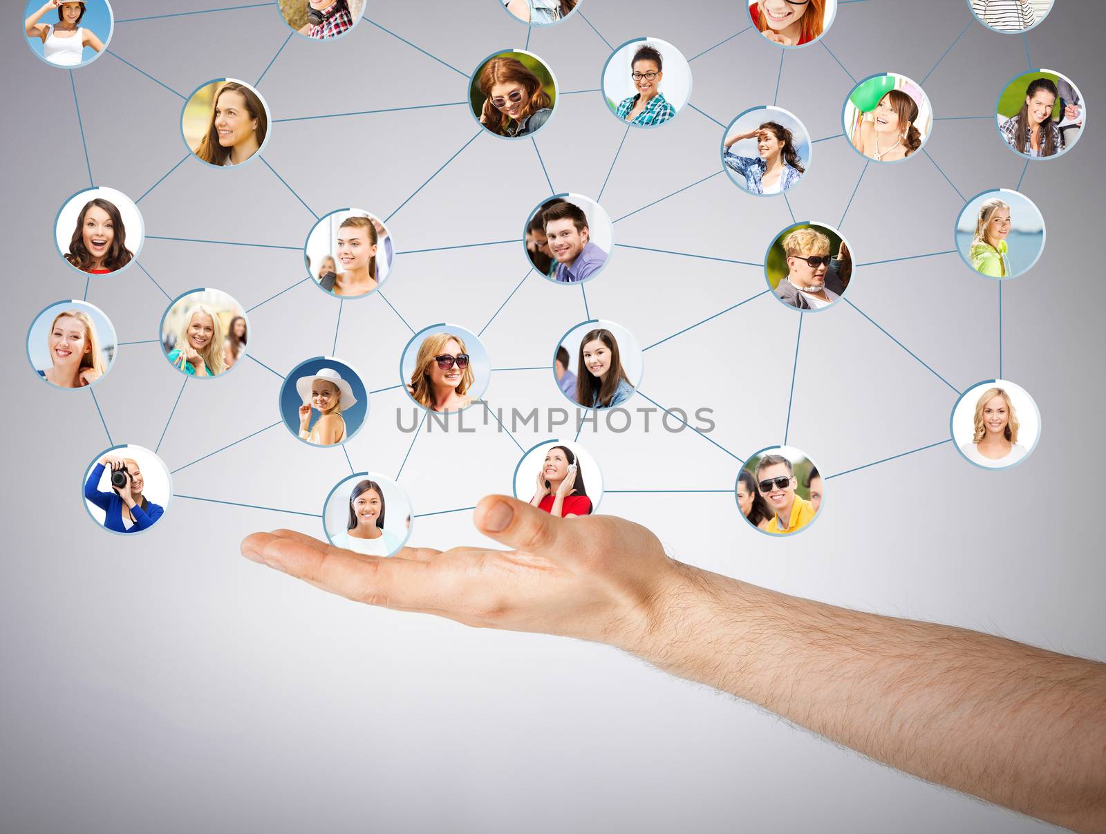 networking and communication concept - closeup of mans hand showing social network