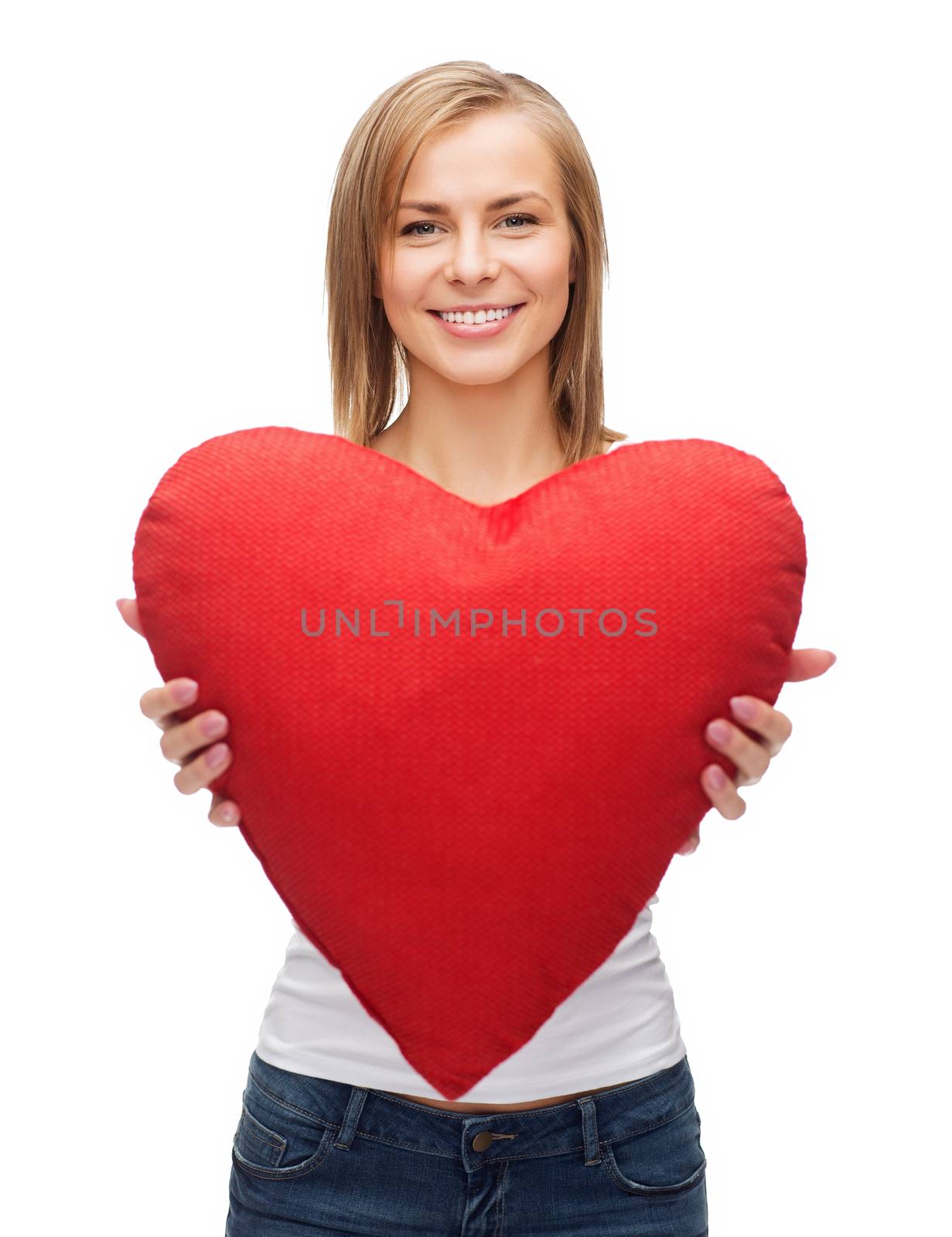 smiling woman in white t-shirt with heart by dolgachov