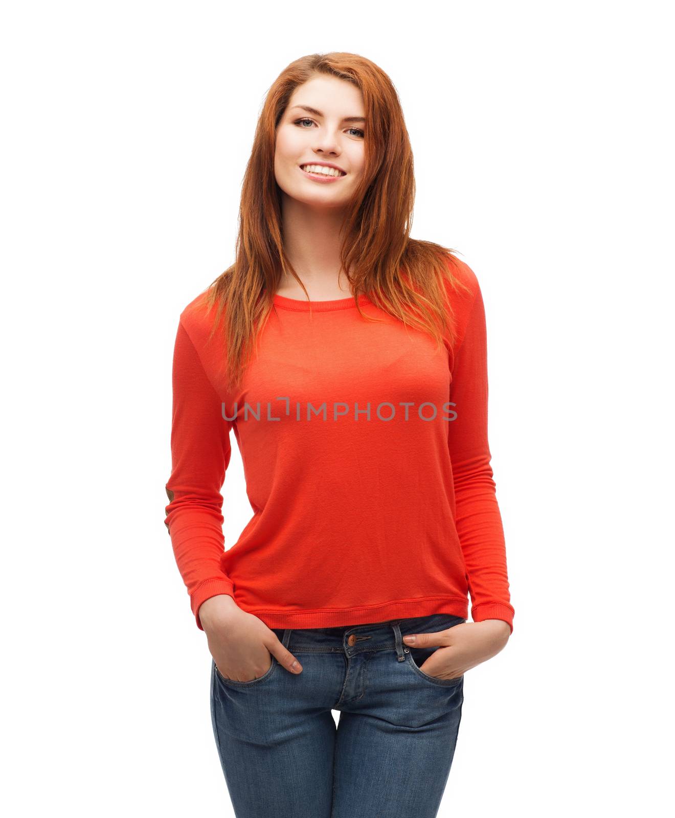 happiness and people concept - smiling teenager in casual top and jeans