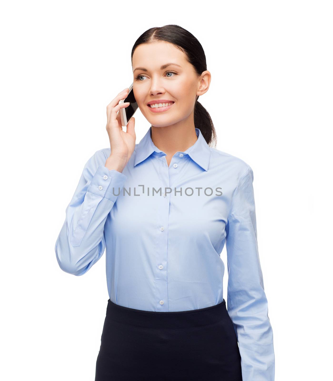 smiling businesswoman with spartphone by dolgachov