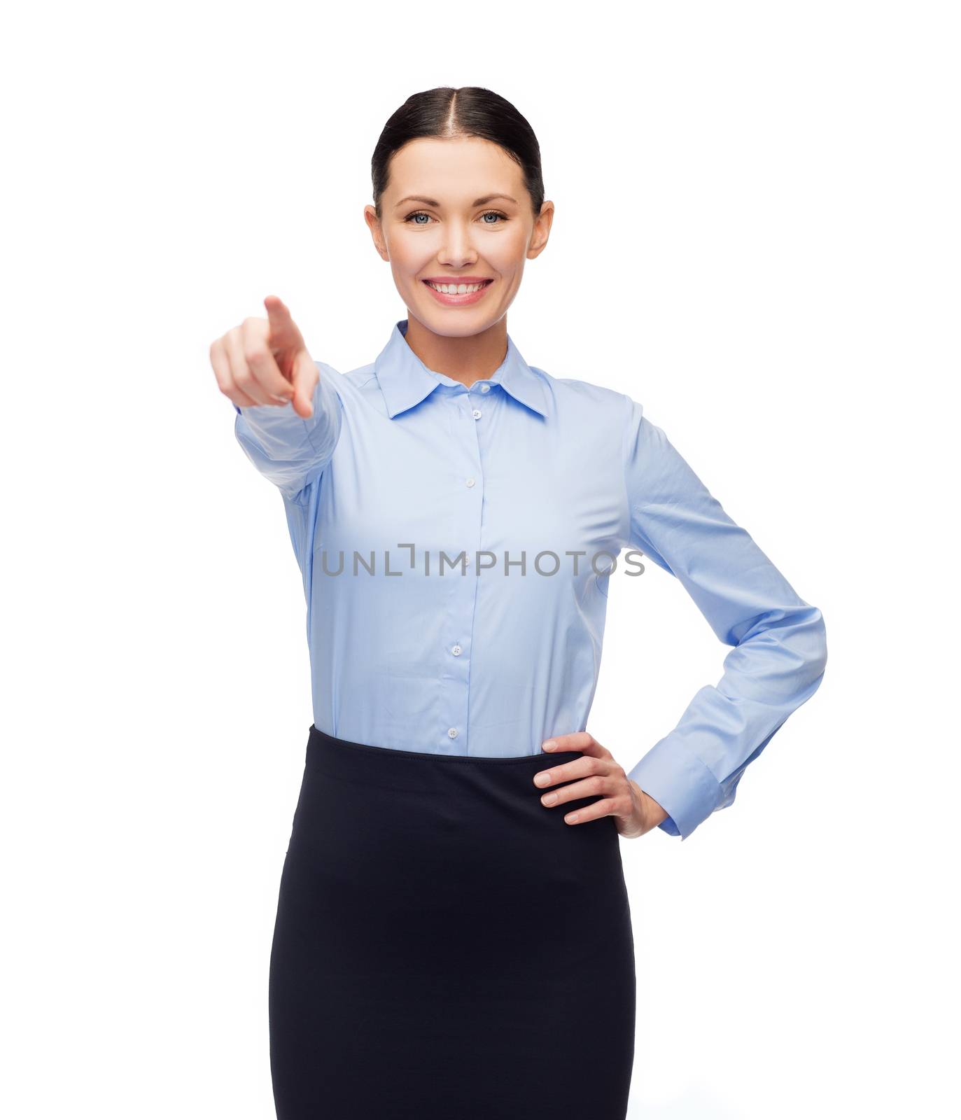 business and education concept - friendly young smiling businesswoman pointing finger at you