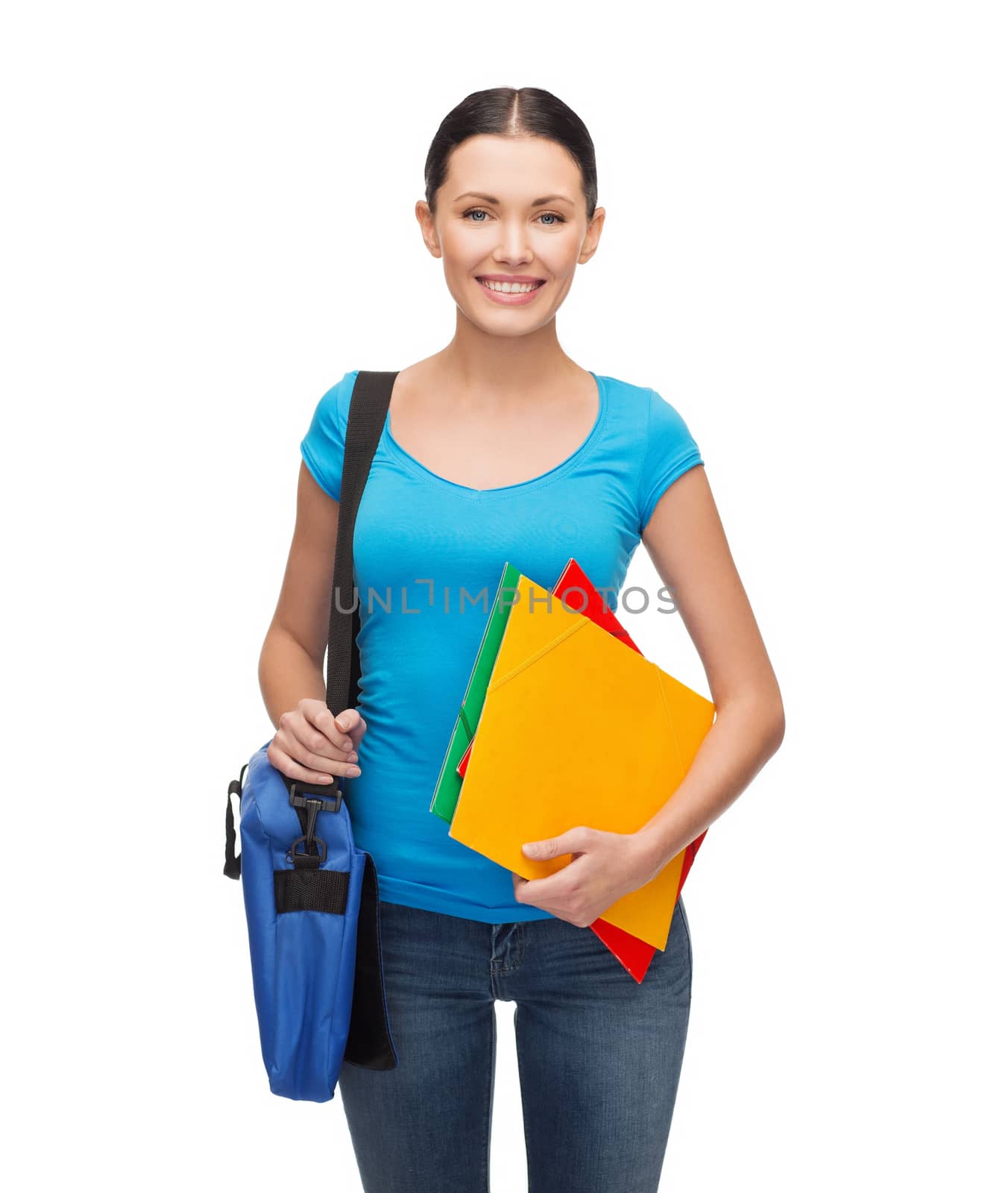 education and people concept - smiling student with bag and folders standing