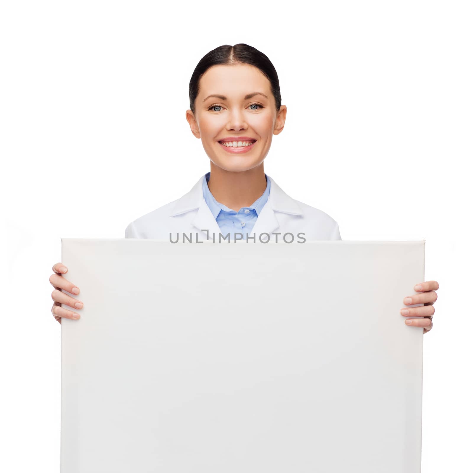 healthcare, advertisement and medicine concept - smiling female doctor with white blank board