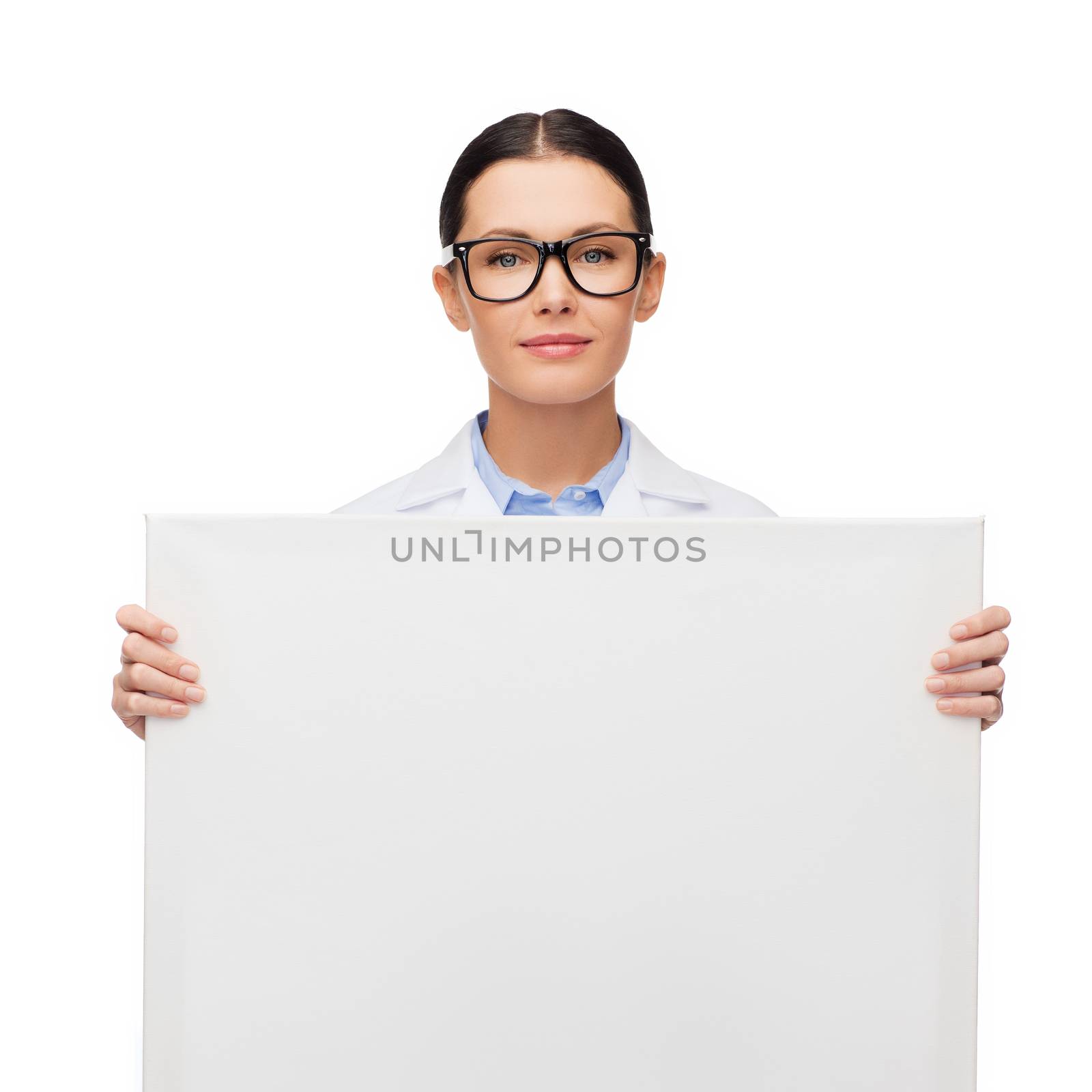 healthcare, advertisement and medicine concept - smiling female doctor in eyeglasses with white blank board