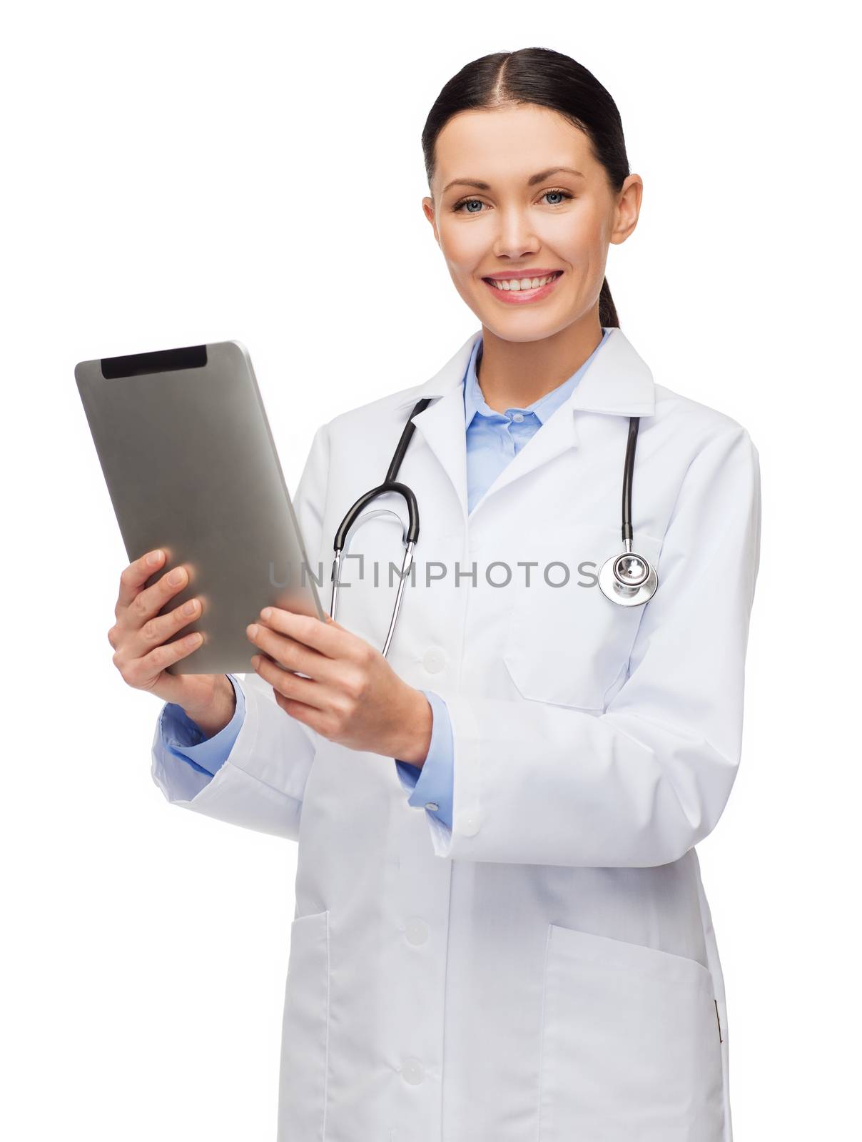 healthcare, technology and medicine concept - smiling female doctor with stethoscope and tablet computer