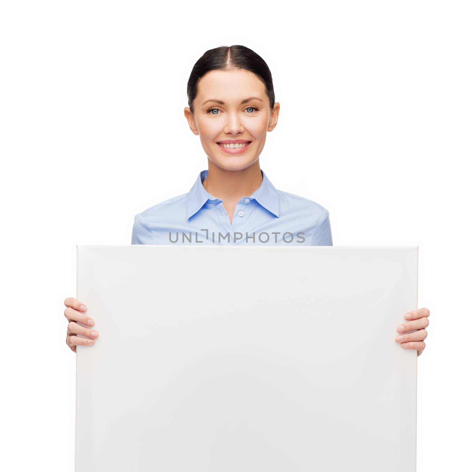 business and education concept - friendly young smiling businesswoman with white blank board