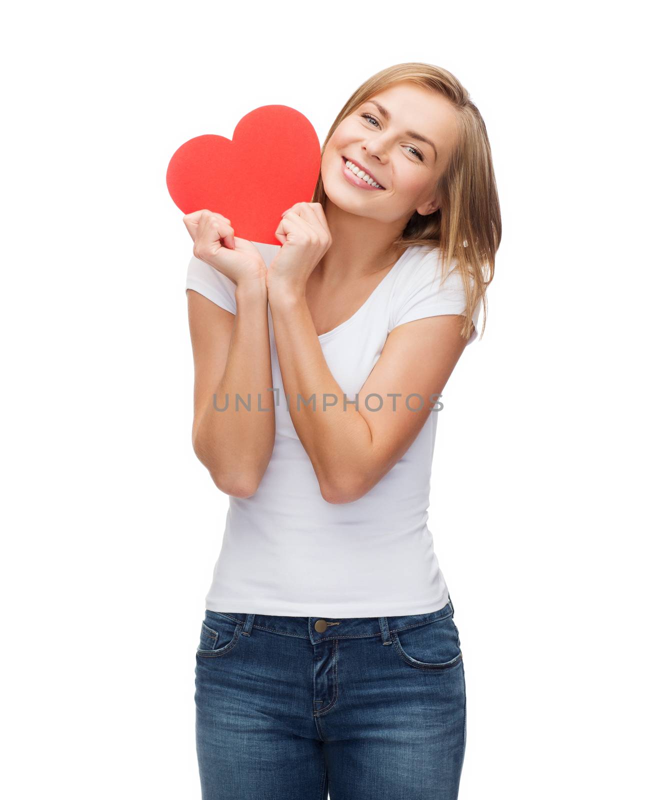 smiling woman in white t-shirt with heart by dolgachov