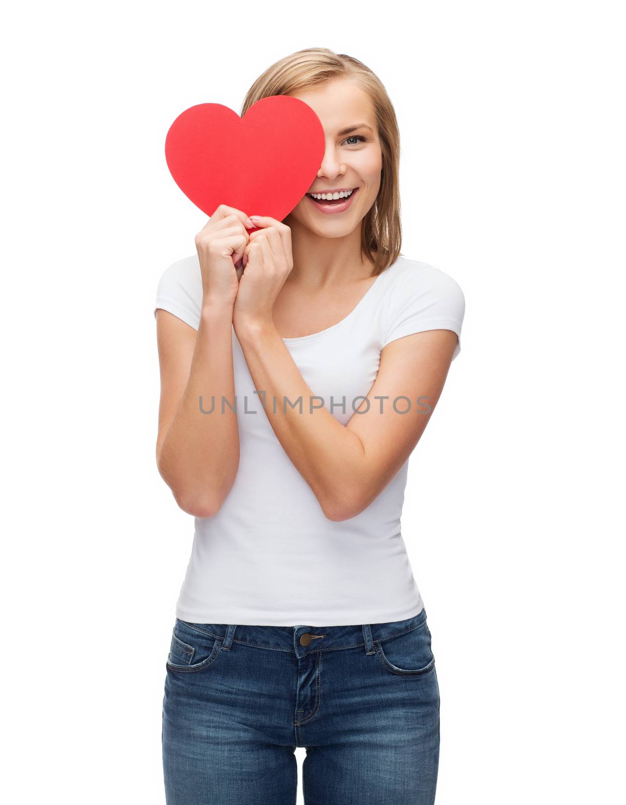 smiling woman in blank white t-shirt with heart by dolgachov
