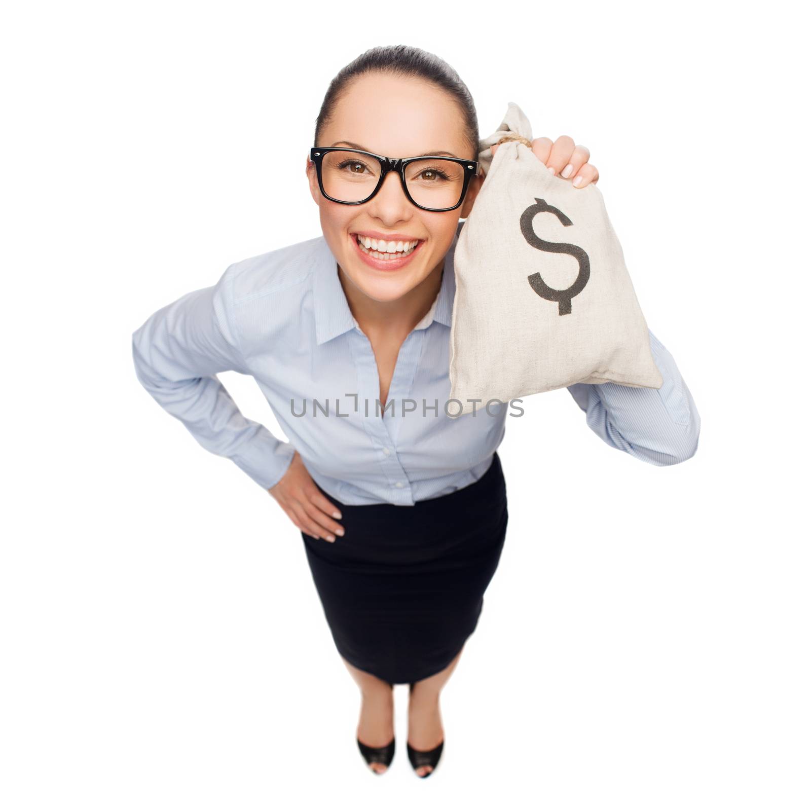 business, money and office concept - smiling businesswoman in eyeglasses holding money bag with dollar