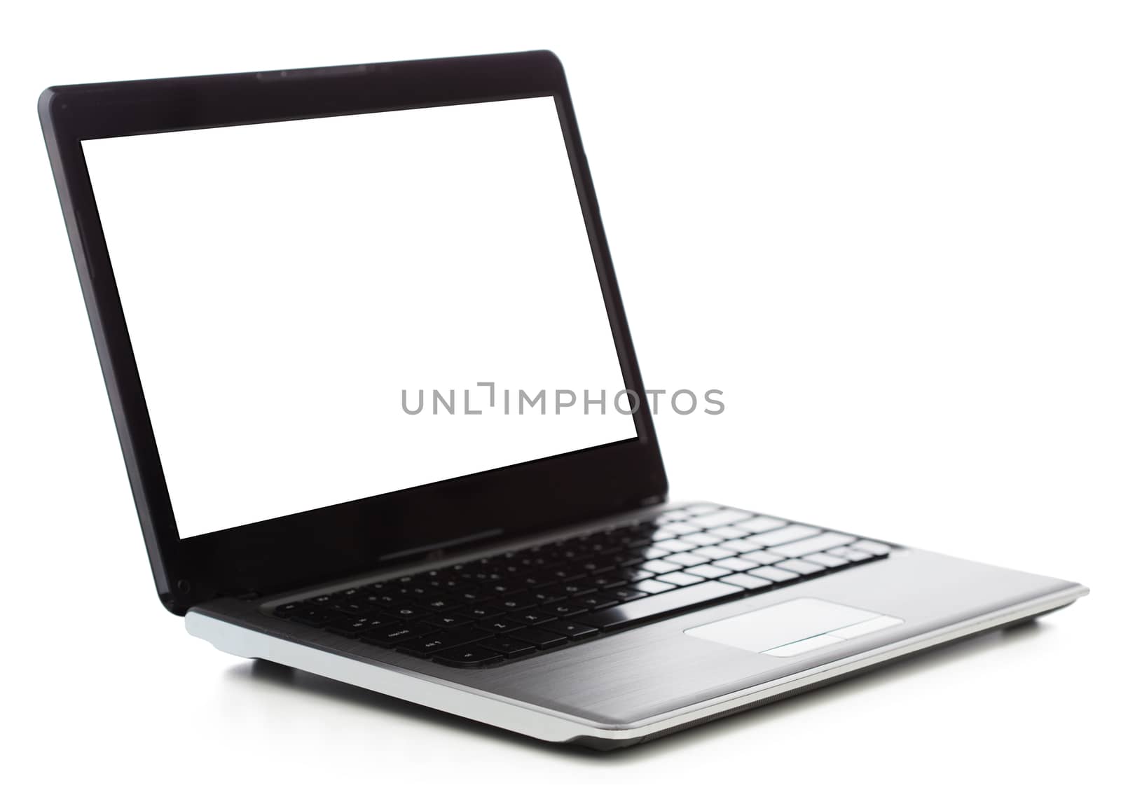 technology and advertisement concept - laptop computer with blank black screen