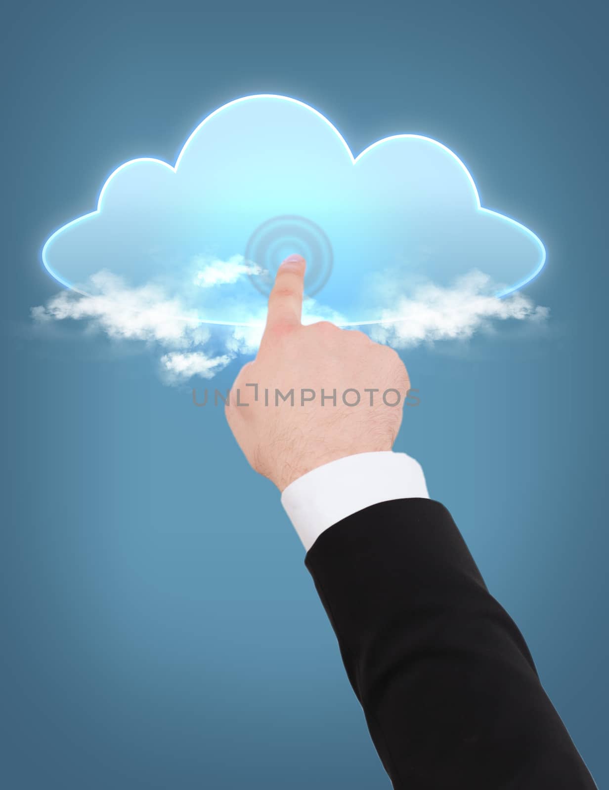 modern technology and cloud computing concept - closeup of man hand pointing at cloud