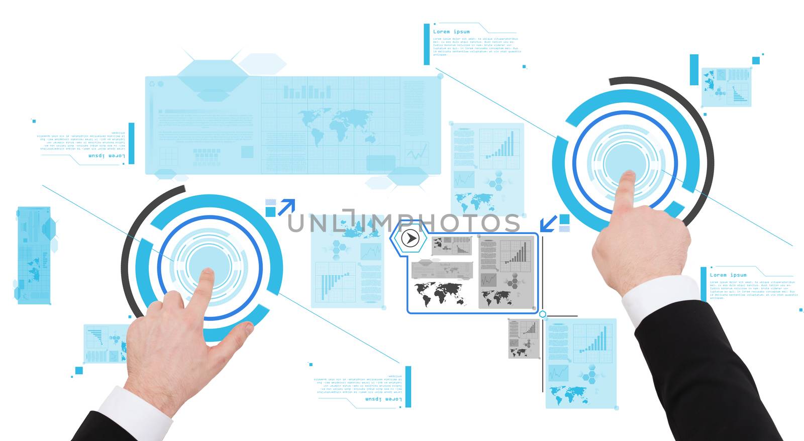 business, new technology and communication concept - close up of businessman working with virtual screen