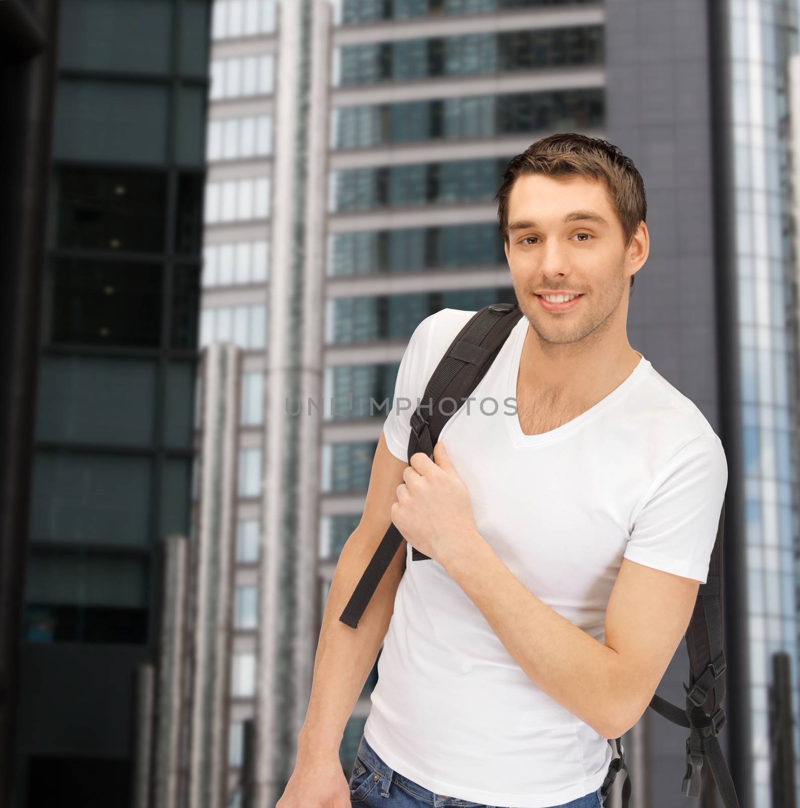 travelling student with backpack outdoor by dolgachov