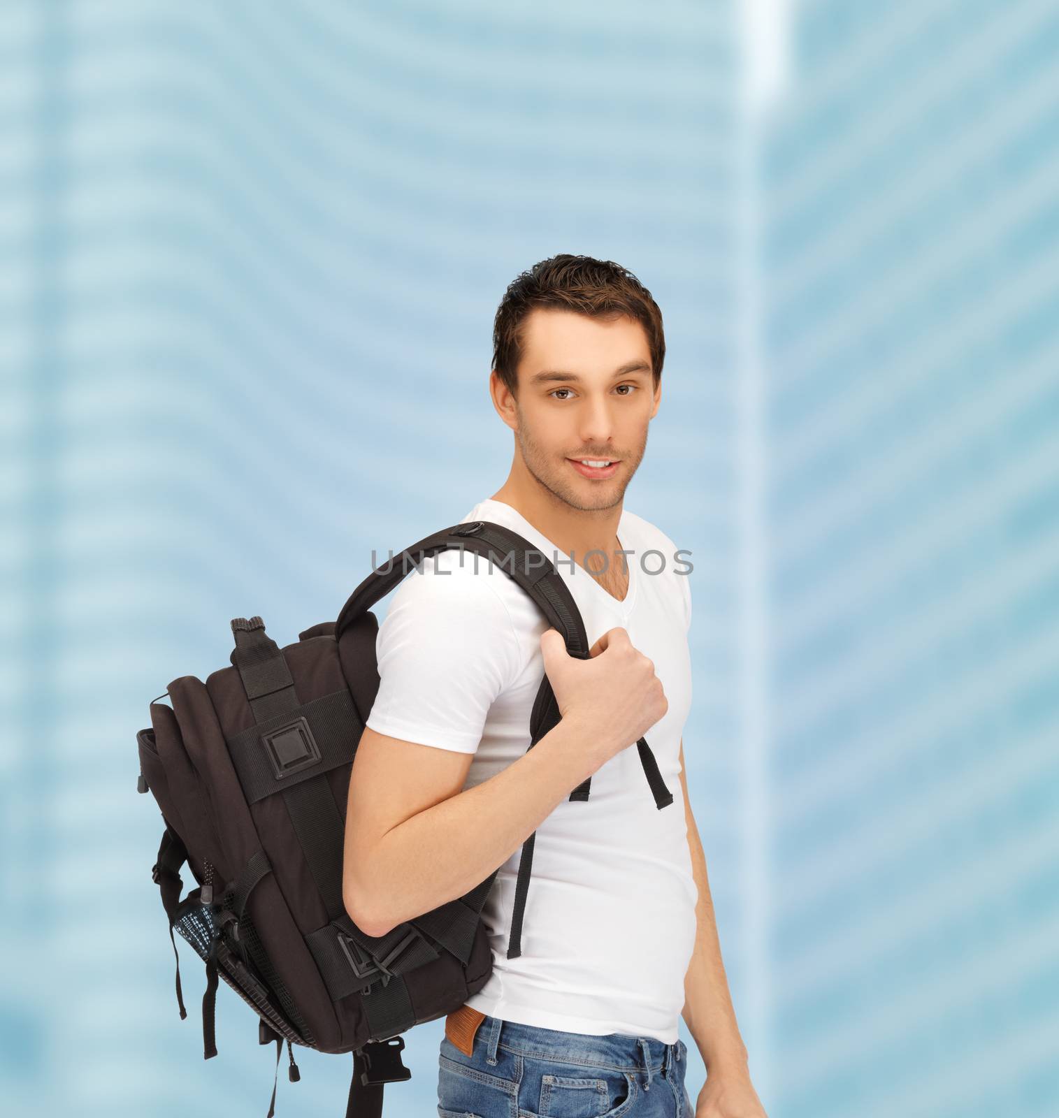 tourism, education and vacation concept - travelling student with backpack outdoor