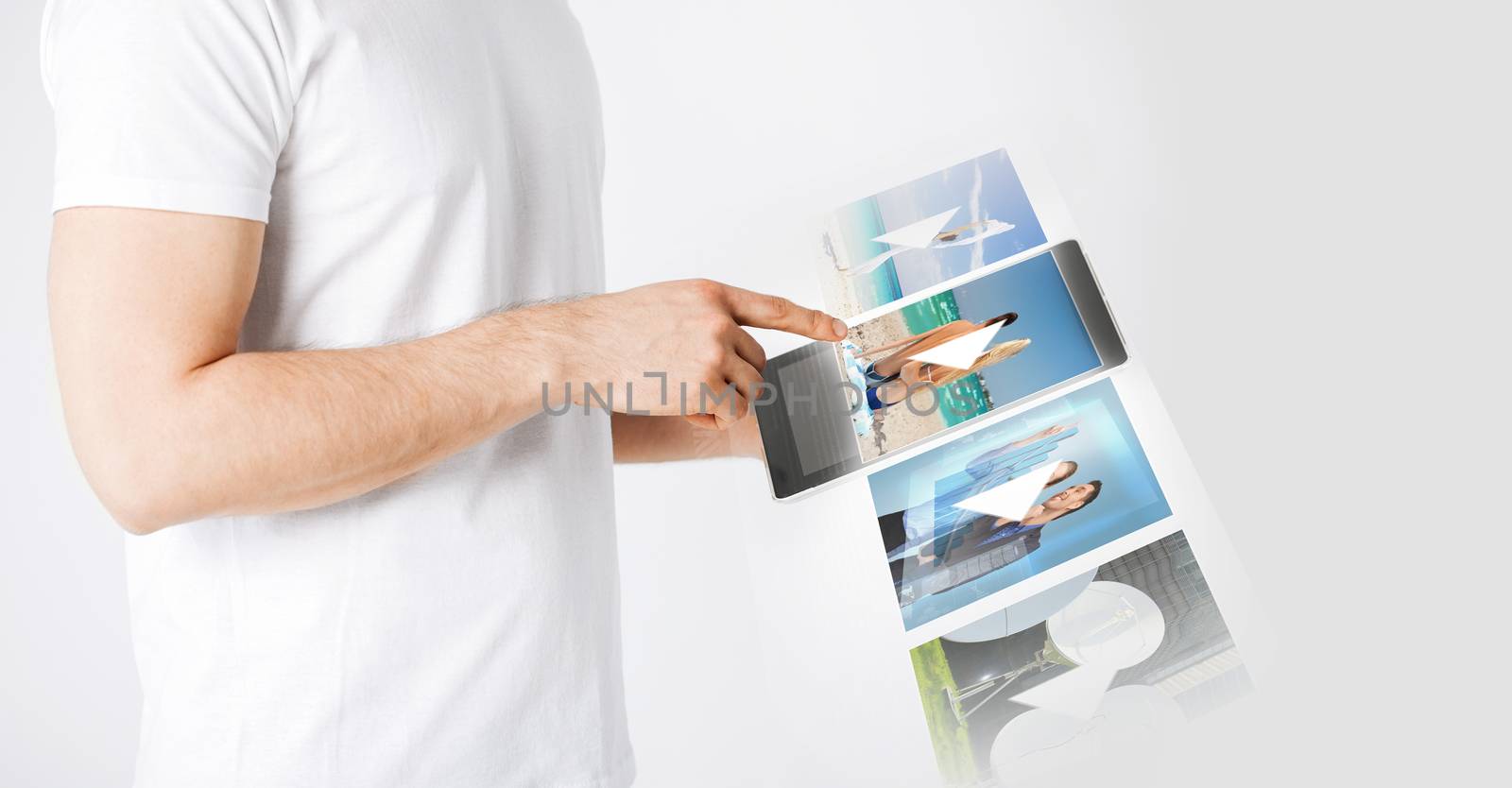 entertainment, future technology and video concept - closeup of man with tablet pc watching video