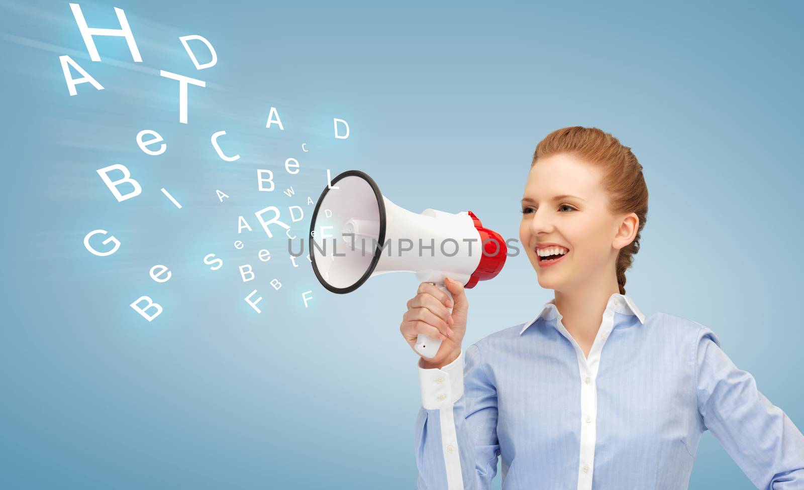 business and communication concept - happy woman with megaphone