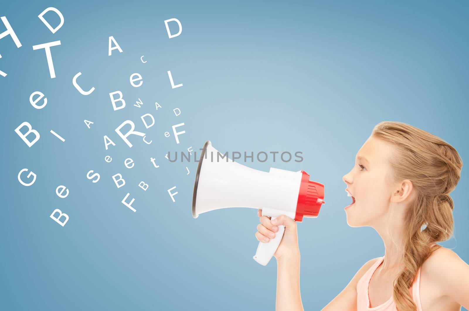 communication concept - girl with megaphone over blue background