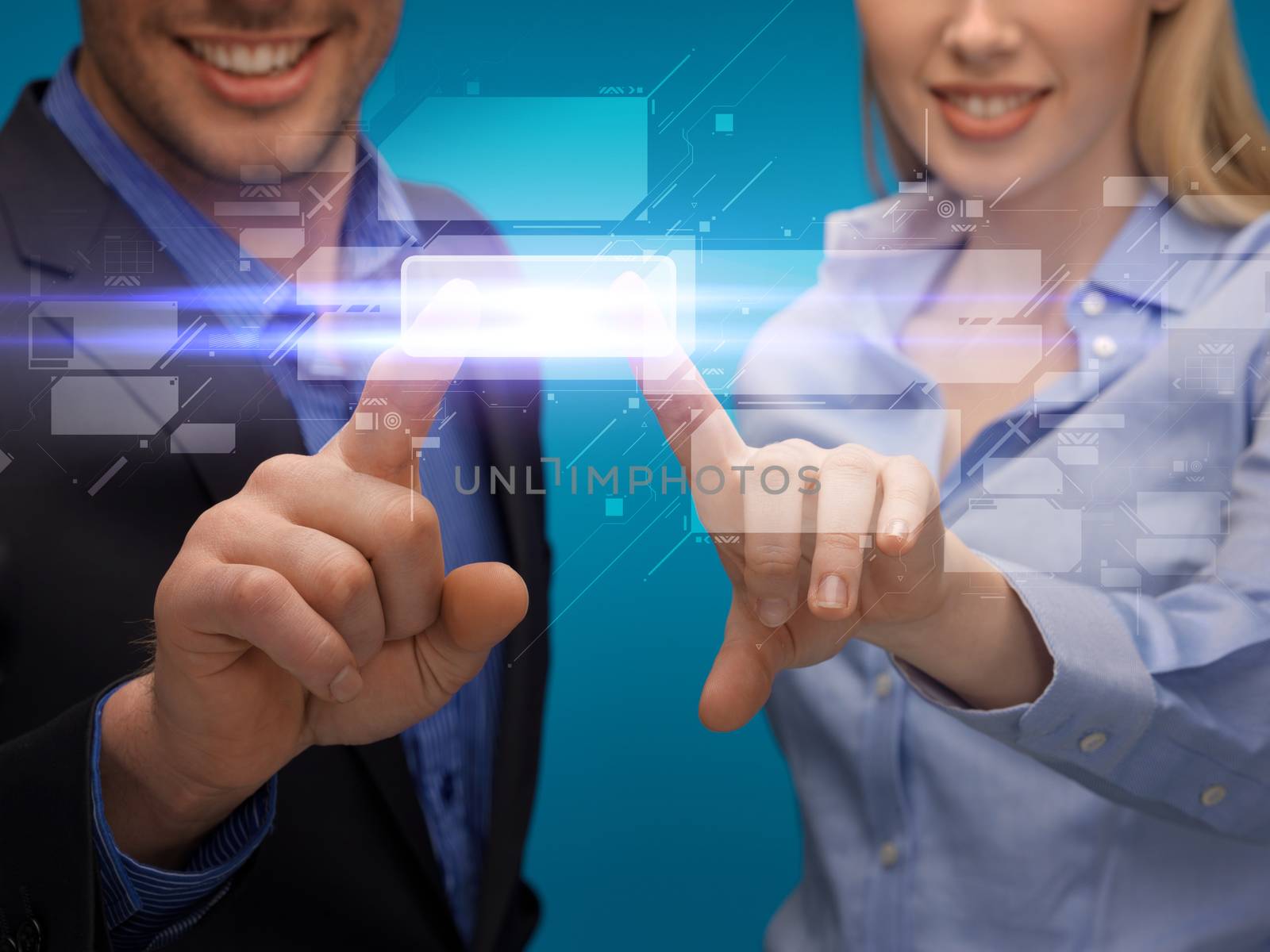 business and future technology concept - man and woman hands pointing at virtual screen